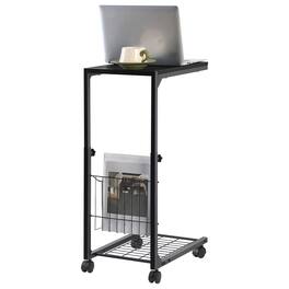 Oumilen - Adjustable Height Rolling Side Table with Storage Basket & Mesh Shelf - Black