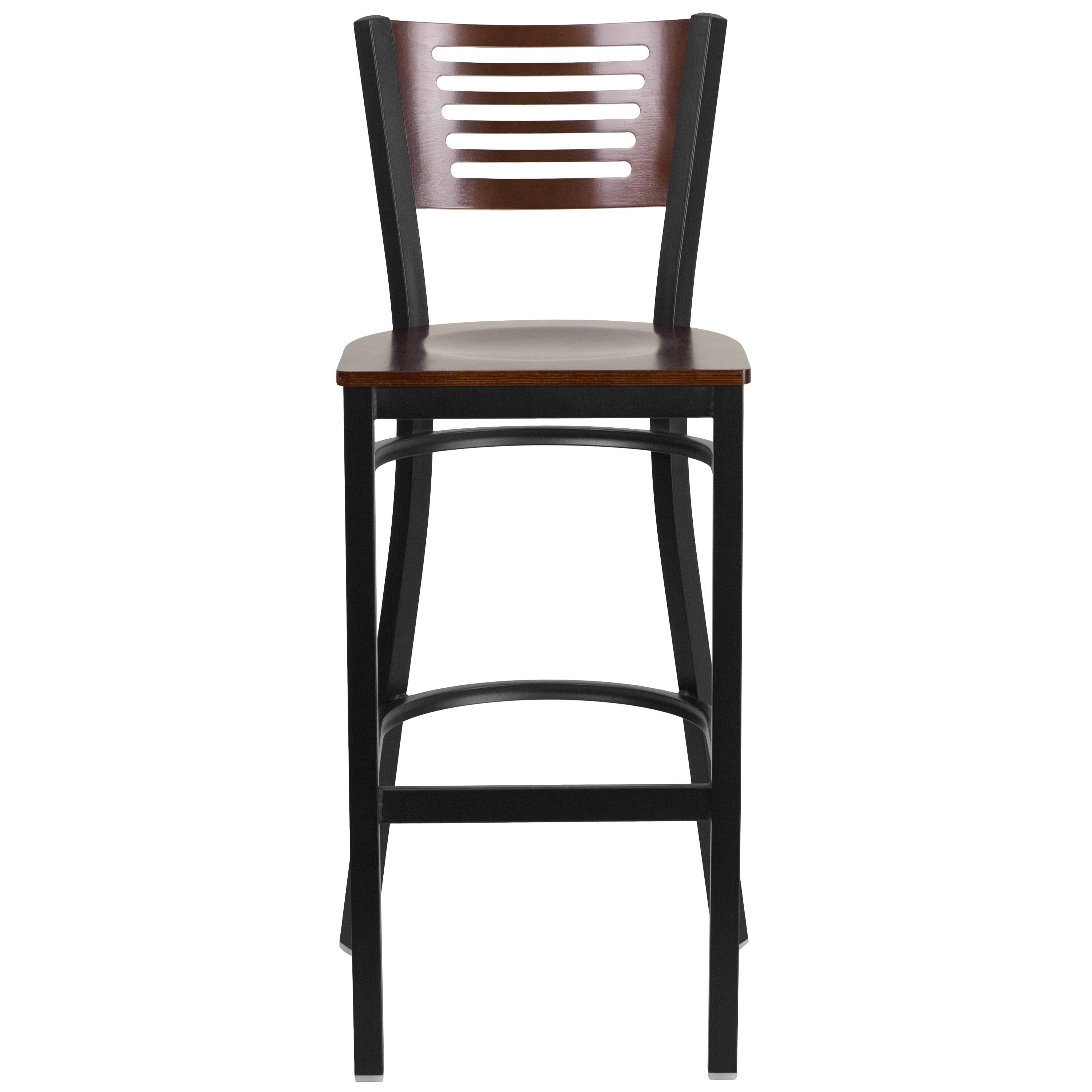 Alt View 5. Emma + Oliver - Decorative Slat Back Metal Restaurant Dining Barstool - Walnut Wood Back/Walnut Wood Seat/Black Metal.