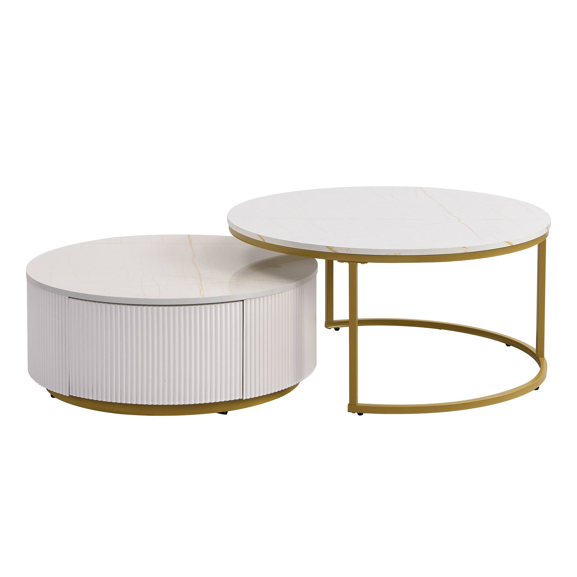 Alt View 9. Tiramisubest - Modern Round Nesting Coffee Table Fluted with Drawer in White & Gold in 27.6" - White.