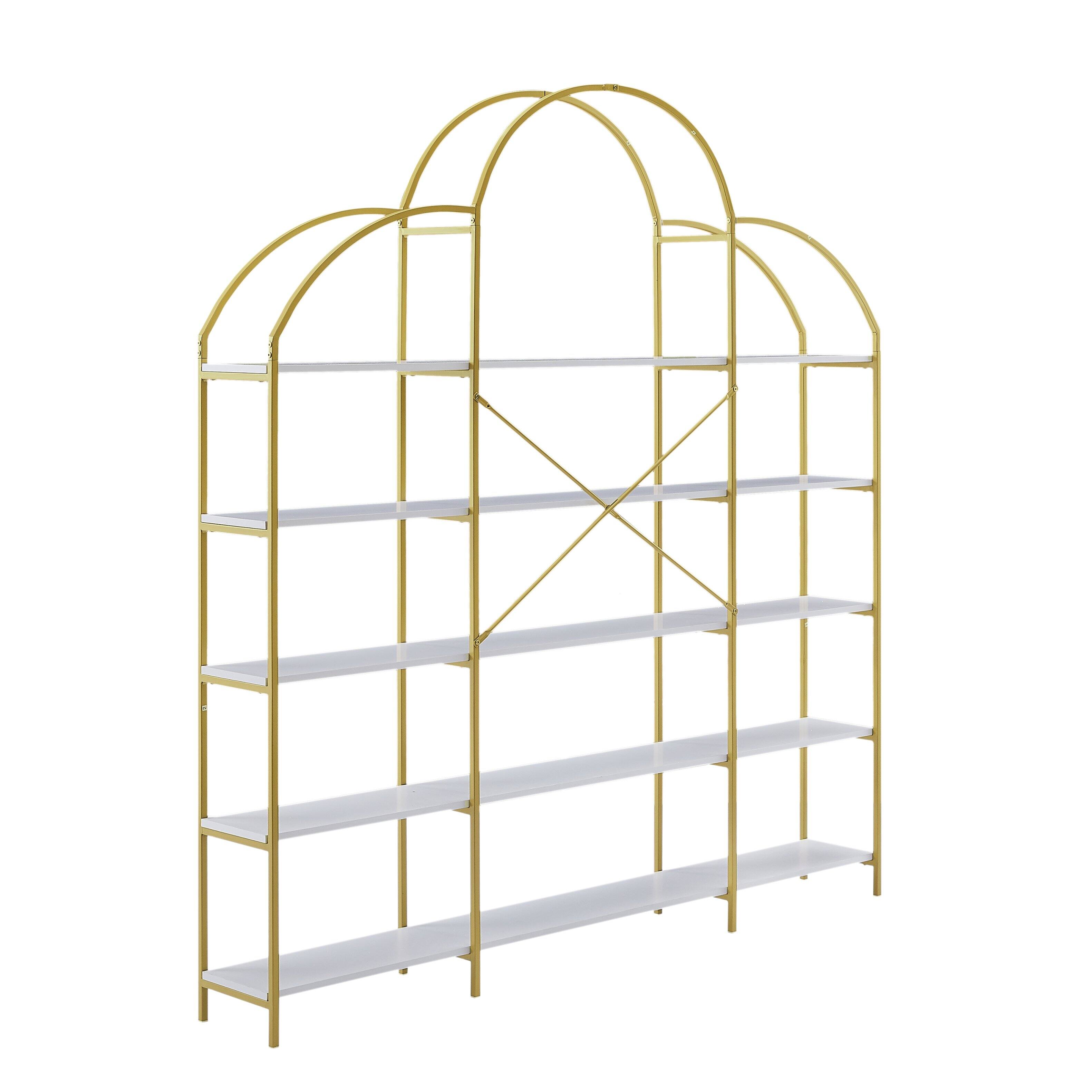 Alt View 9. Tiramisubest - 74.8 Inch 5 Tiers Office Bookcase Bookshelf, Display Shelf with Round Top, X Bar Gold Frame - Golden+White.