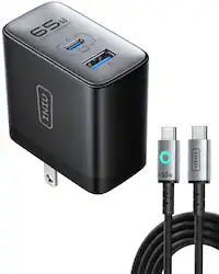 INIU - 65W Fast GaN Charger with USB-A/C Ports & 100W USB C to C 3.3ft Cable for iPhone 17 16 15 Laptops Tablets - Black - Front_Zoom