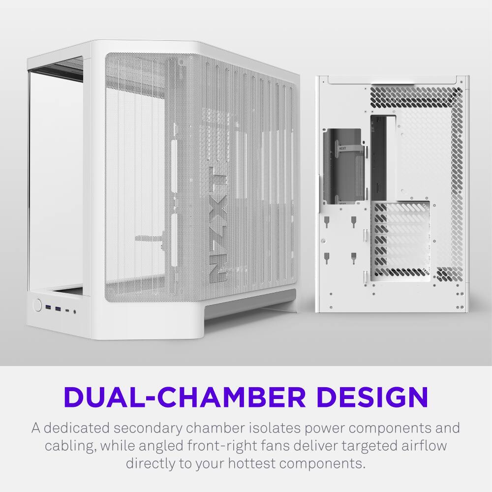 NZXT DUAL-CHAMBER DESIGN

A dedicated secondary chamber isolates power components and cabling, while angled front-right fans deliver targeted airflow directly to your hottest components.