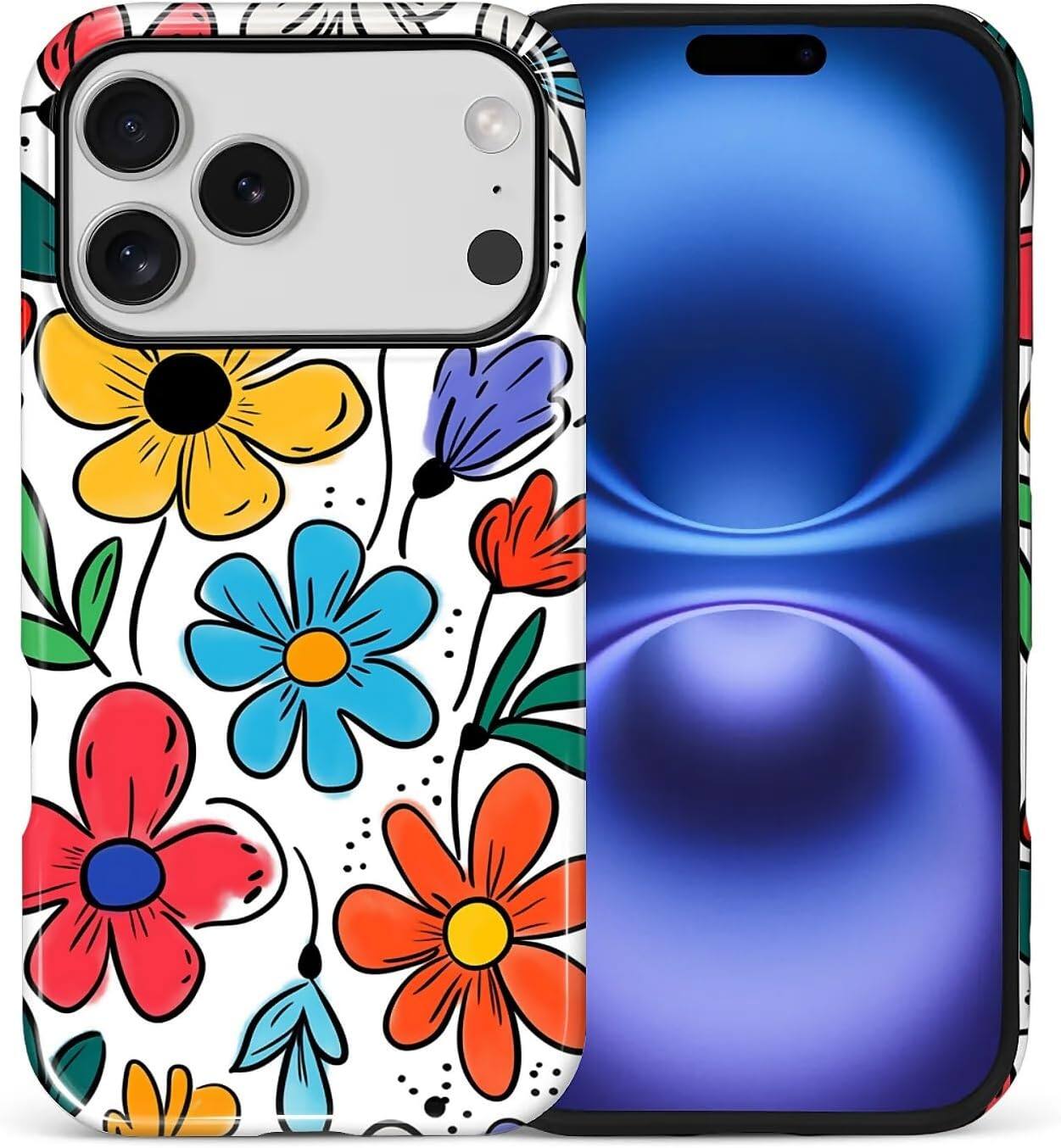 Front. BUBM - Smartphone Case for iPhone 17 Pro - 2-Layer Durable Smartphone Protection Case - Colorful Flowers.