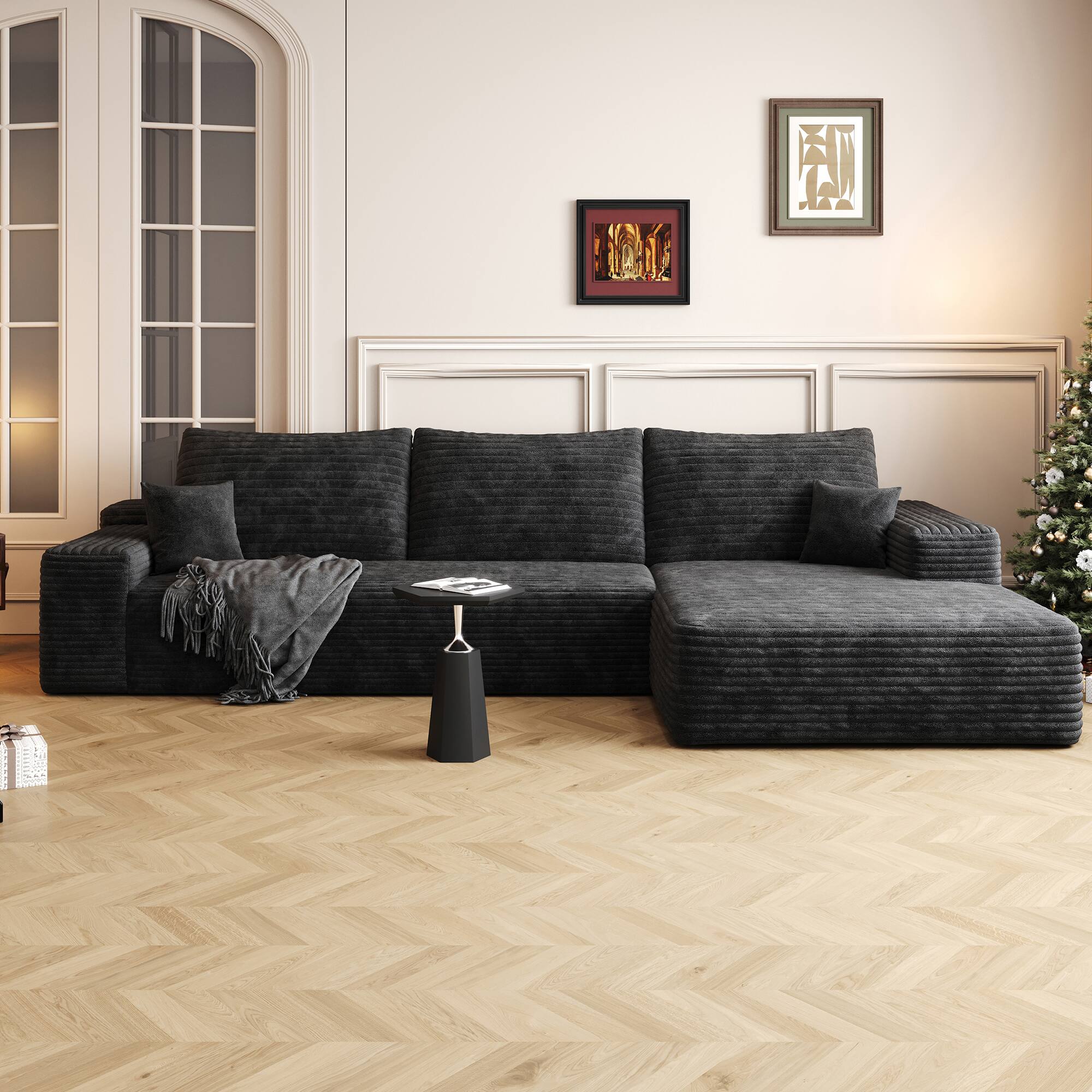 Angle. Whisen - 107" Modular Sectional Sofa with L-Shape Chaise, 3-Seat Plush Corduroy Couch for Living Room, No Assembly - Black.