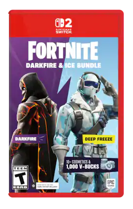 2 Nintendo Switch. Fortnite Darkfire & Ice Bundle. Darkfire Deep Freeze. Teen T ESRB. Game add-on. See back. Game card not included. 10+ Cosmetics & 1,000 V-Bucks. Epic Games. - T (Teen 13+)