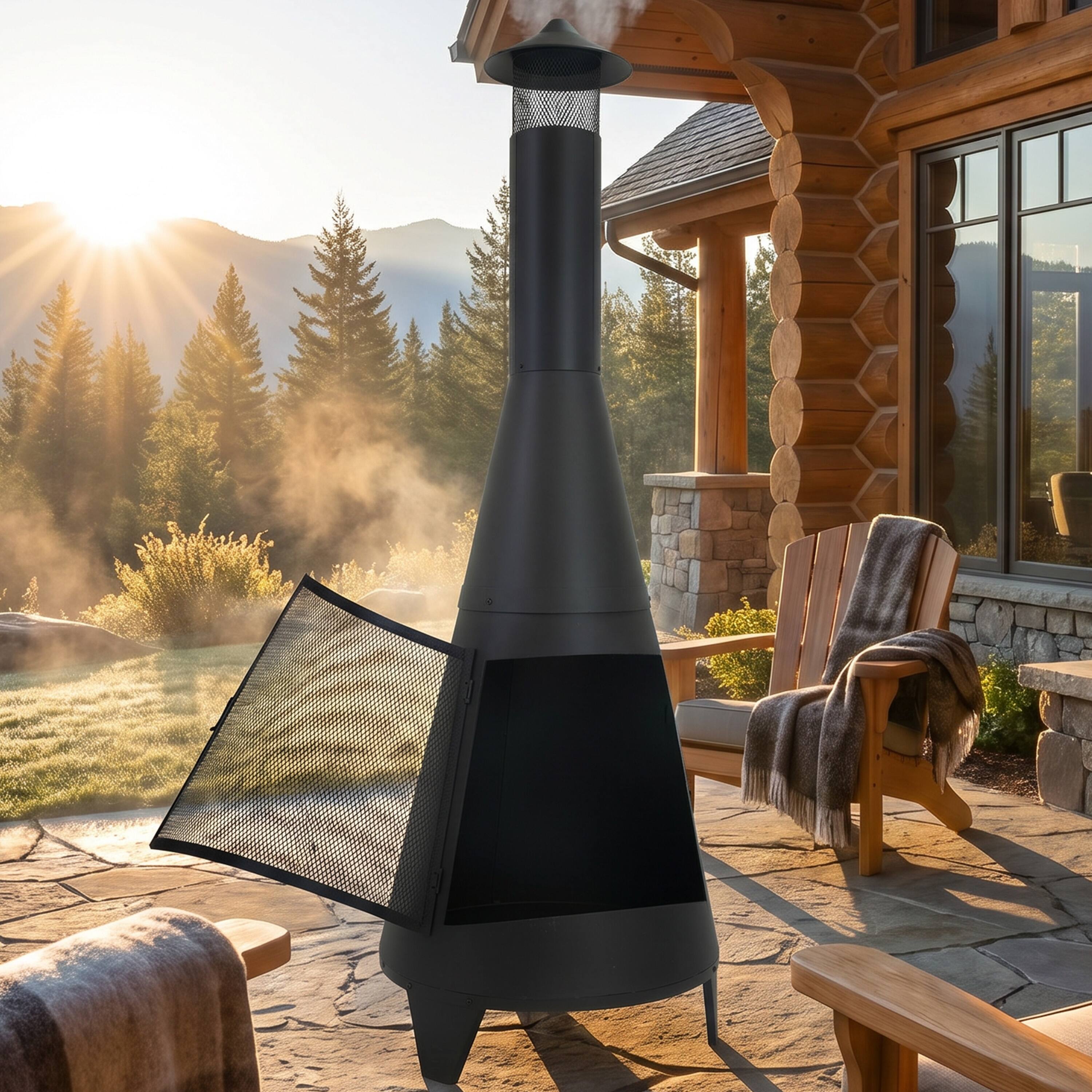 Alt View 10. Sunnydaze - 70 in Steel Wood Burning Chiminea Fire Pit with Rain Cap - Black.