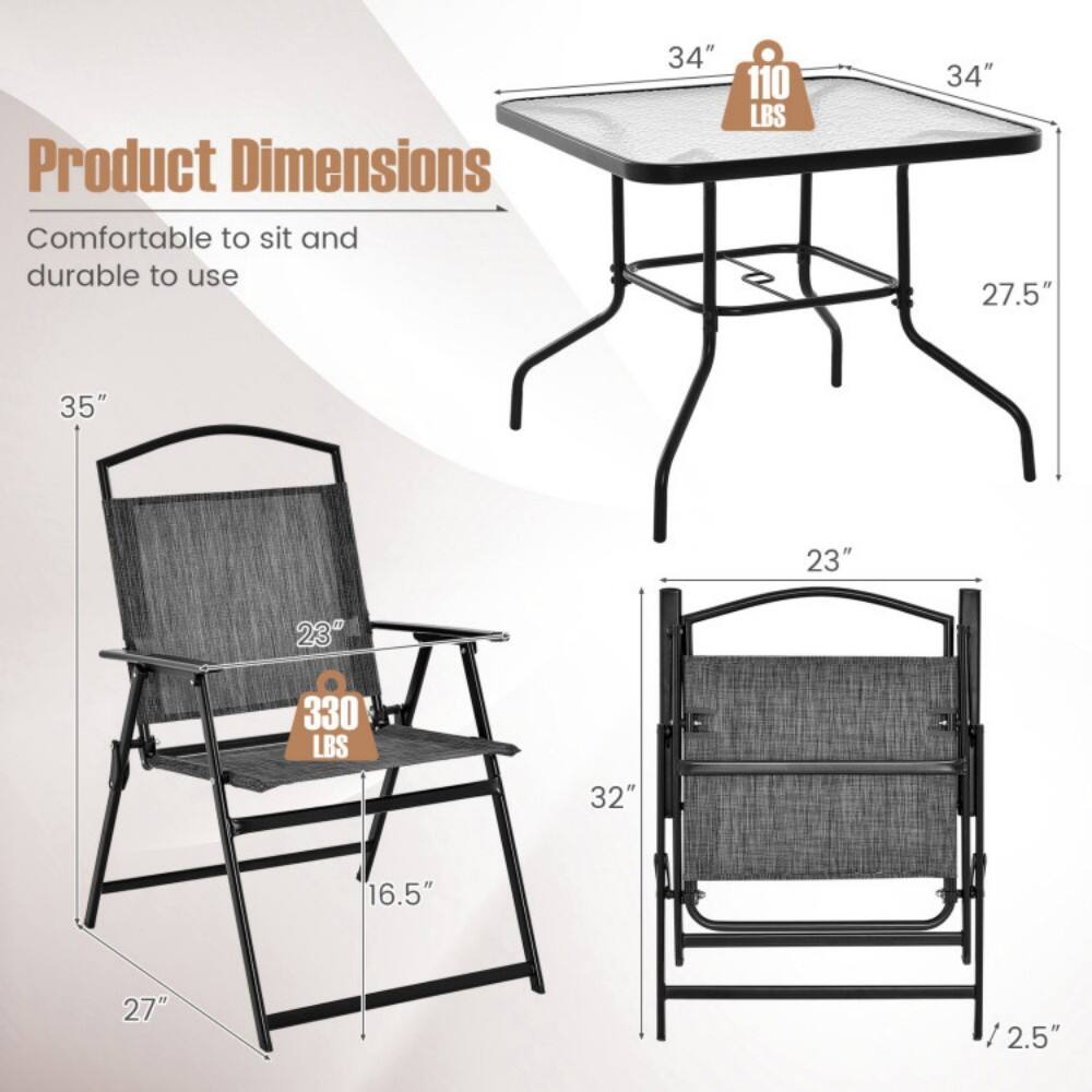 Product Dimensions  
Comfortable to sit and durable to use  

- Table: 34" x 34" x 27.5" (110 LBS)  
- Chair: 35" x 23" x 16.5" (330 LBS)  
- Folded: 32" x 27" x 2.5"
