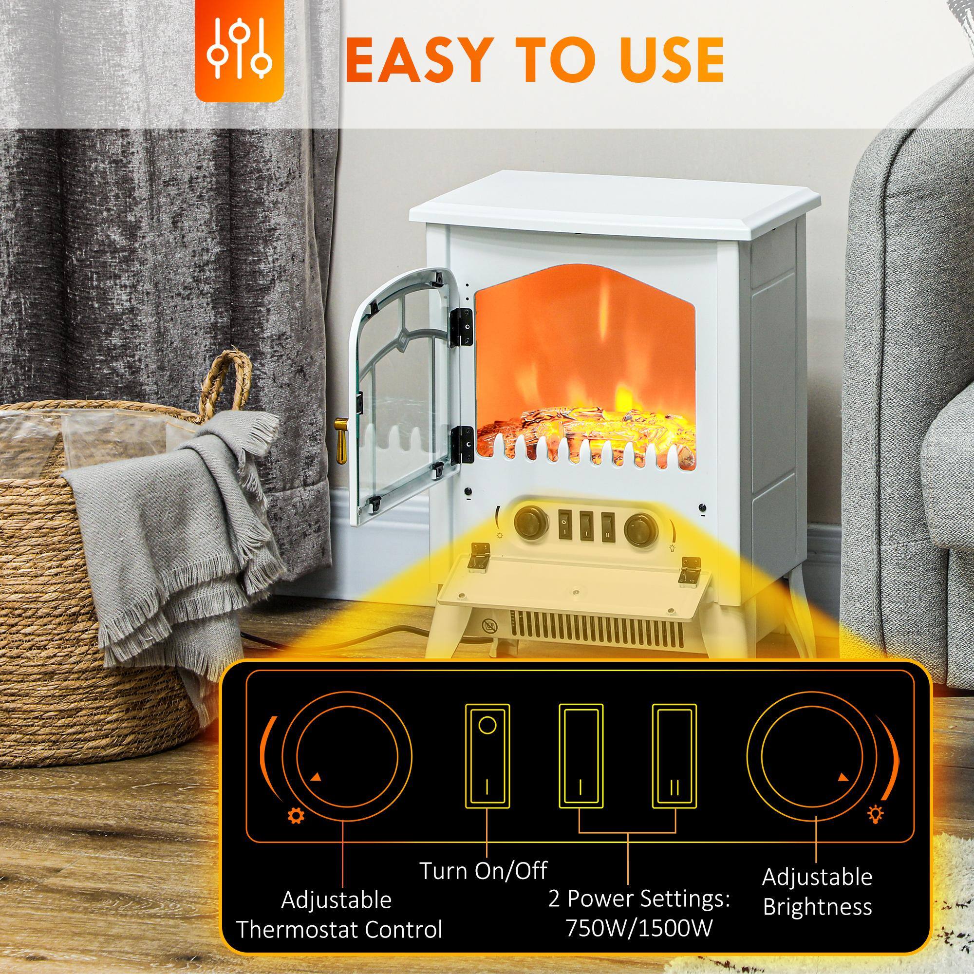 EASY TO USE

- Turn On/Off
- Adjustable Thermostat Control
- 2 Power Settings: 750W/1500W
- Adjustable Brightness