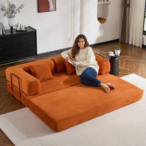 Angle. Anysun - Corduroy Convertible Sleeper Sofa Bed with Cylindrical Pillow - Folding Mattress Couch for Living Room & Bedroom - Orange.