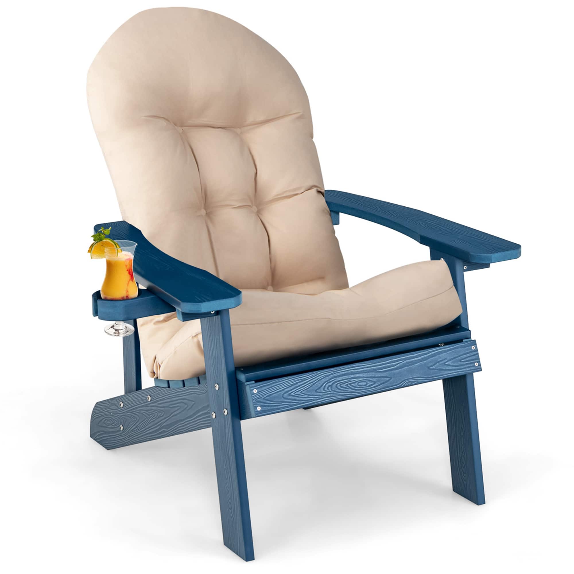 Costway - Adirondack Chair HIPS Adirondack Chair with Cup Holder & Cushion - Navy
