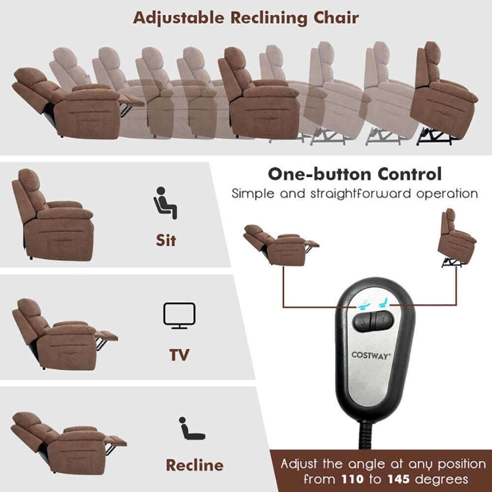 Adjustable Reclining Chair

One-button Control  
Simple and straightforward operation

Sit  
TV  
Recline

Adjust the angle at any position from 110 to 145 degrees