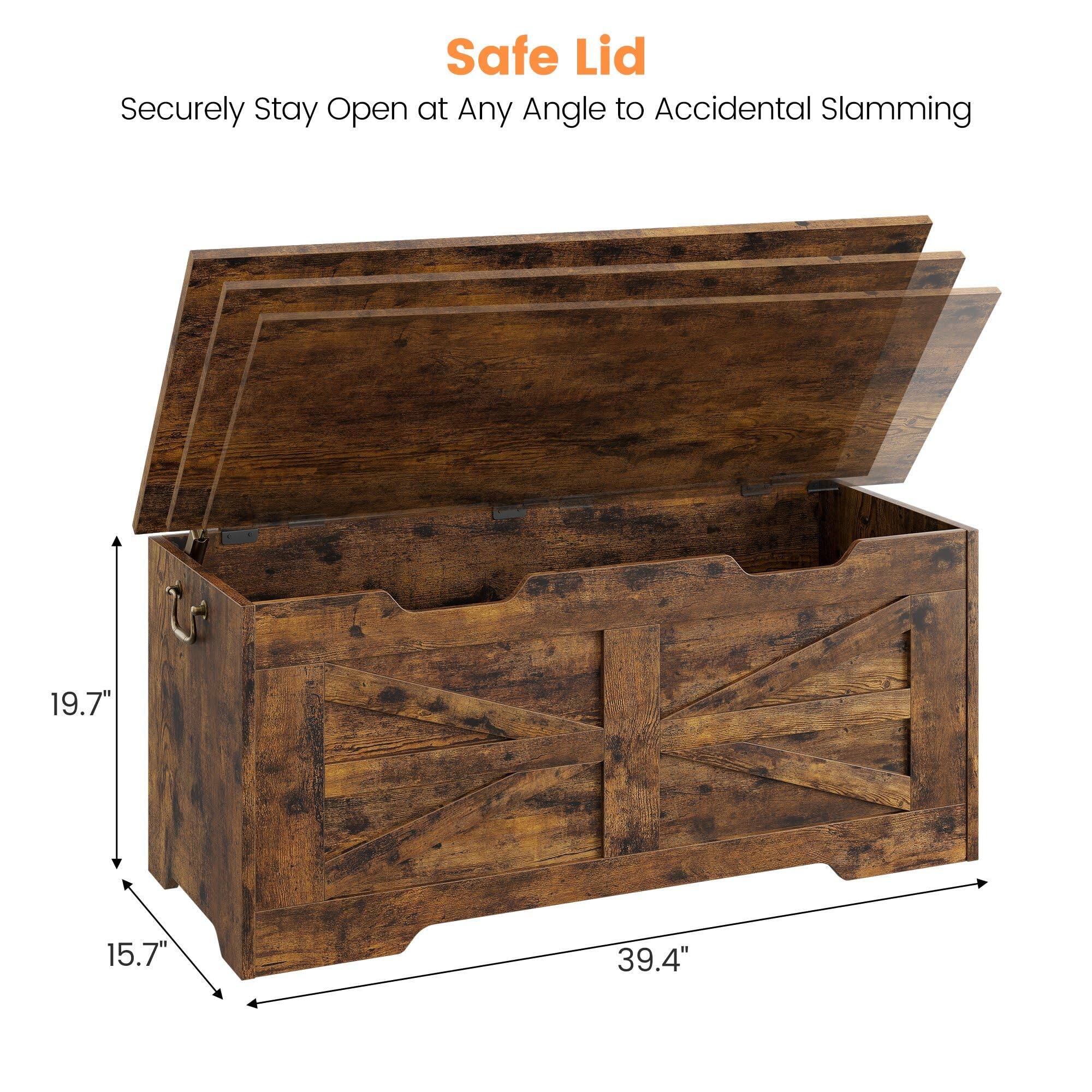 Safe Lid  
Securely Stay Open at Any Angle to Accidental Slamming  

19.7"  
15.7"  
39.4"