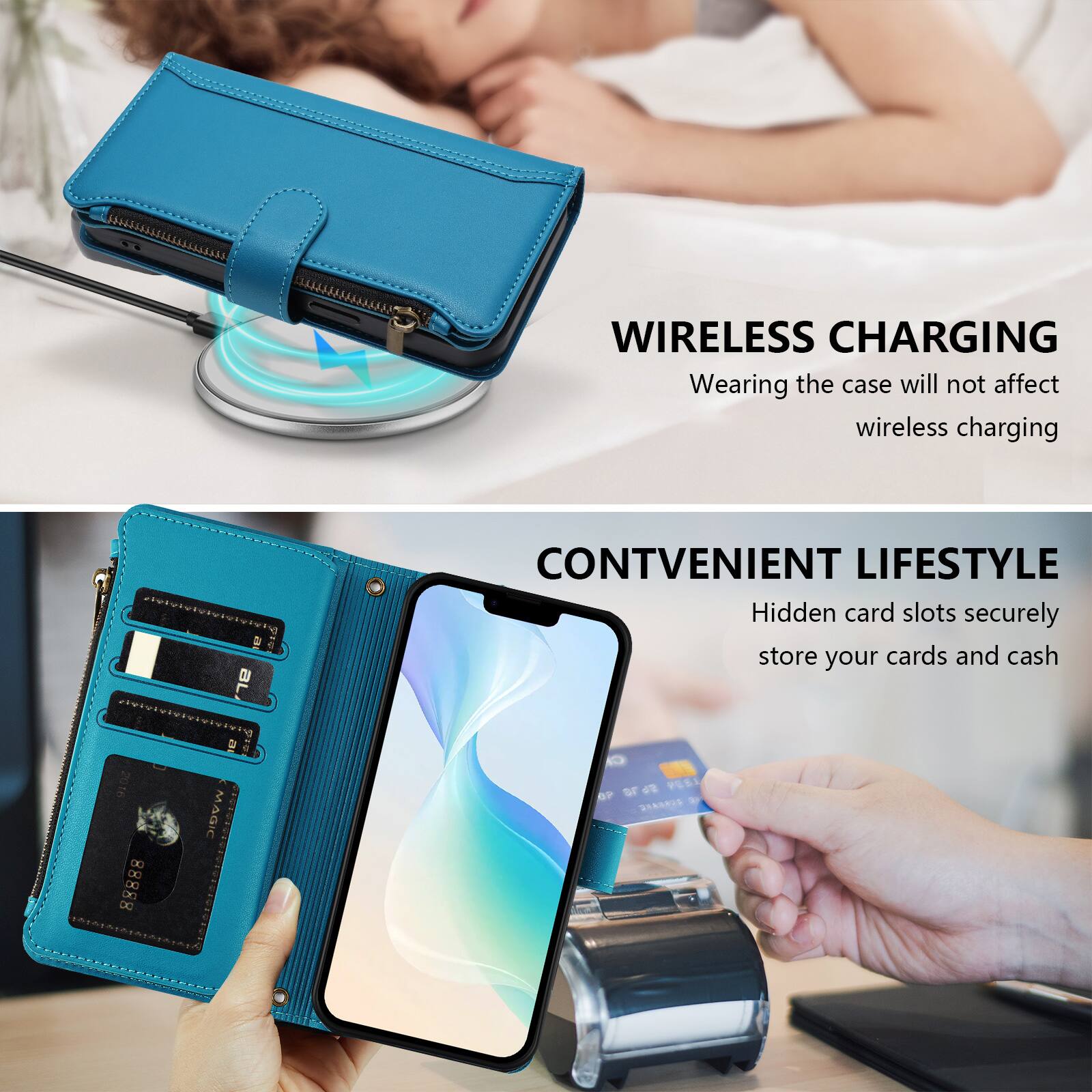 WIRELESS CHARGING  
Wearing the case will not affect wireless charging

2016 88888  
BL MAGIC

CONVENIENT LIFESTYLE  
Hidden card slots securely store your cards and cash