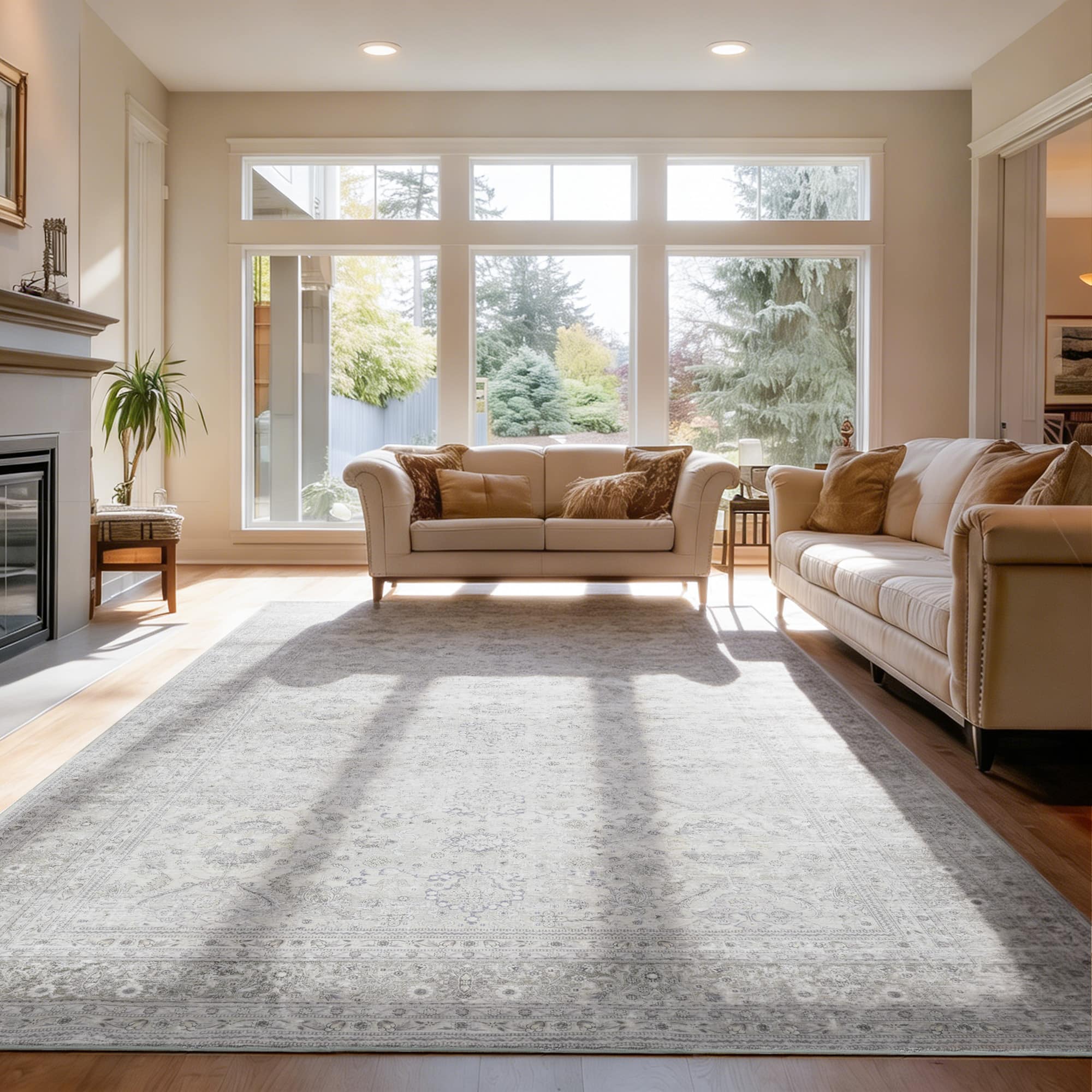 RYHNUYNE - 9x12 Washable Area Rug, Modern Traditional Stain Resistant Distressed Carpet, Soft Thin Rug for Dining Room Office - Gray