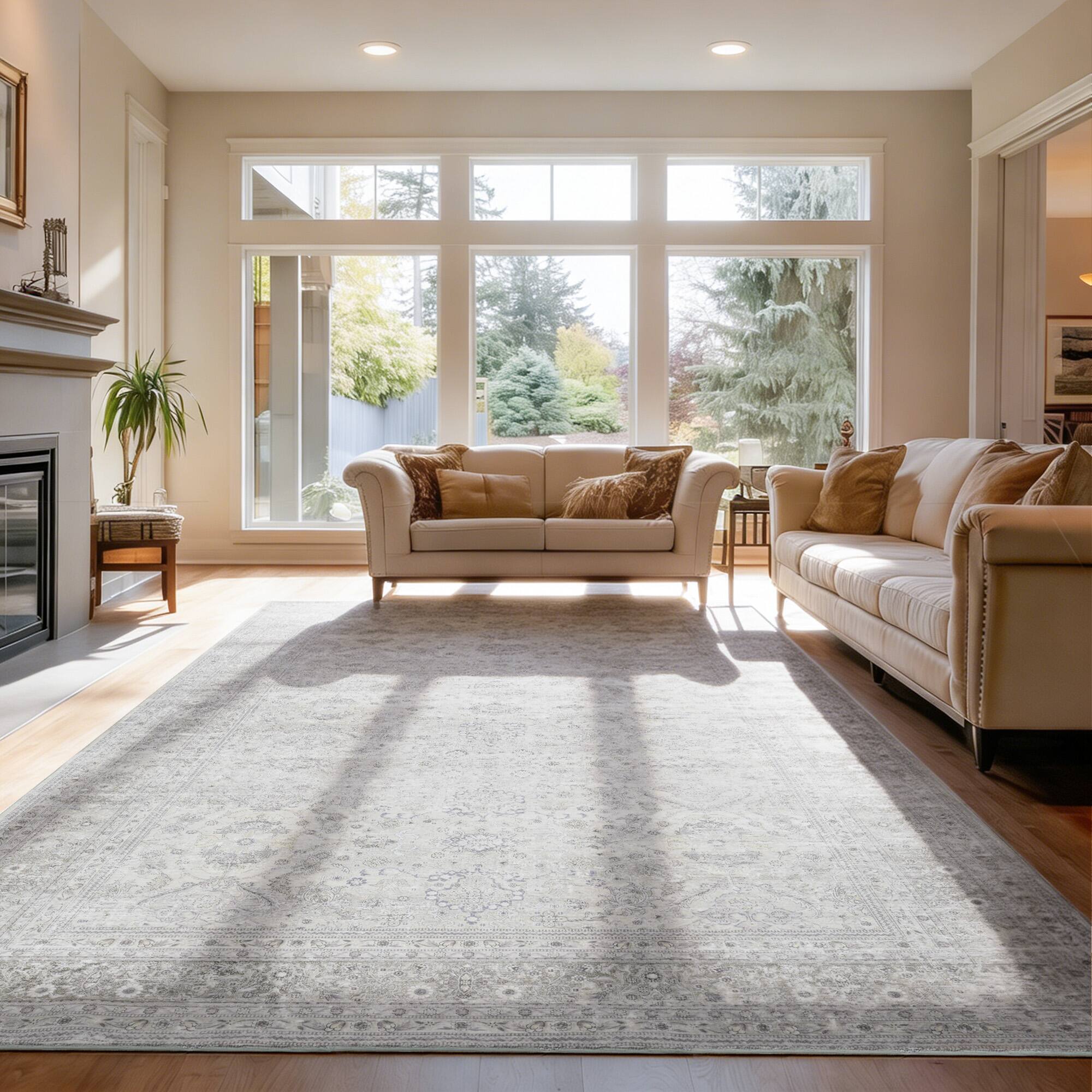 Front. RYHNUYNE - 9x12 Gray Washable Area Rug, Modern Traditional Stain Resistant Distressed Carpet, Soft Thin Rug for Dining Room Office - gray.