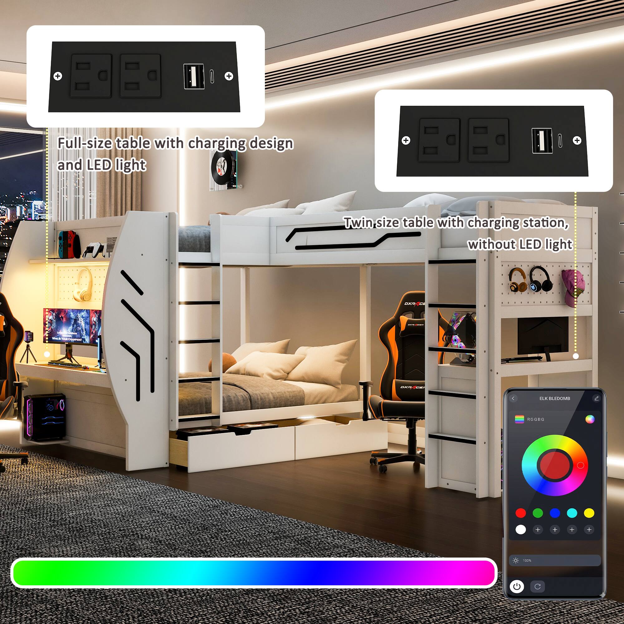 + Full-size table with charging design and LED light
+ Twin size table with charging station, without LED light