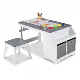 Gymax - Kids Art Table & Stool w/Paper Roll 2 Bins & Large Storage for Drawing Reading - Gray