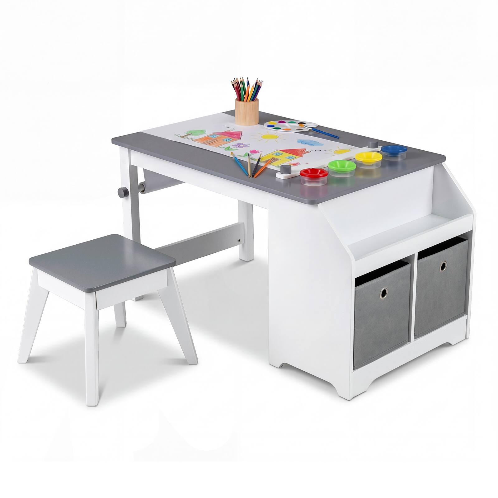 Alt View 8. Gymax - Gymax Kids Art Table & Stool w/Paper Roll 2 Bins & Large Storage for Drawing Reading - Grey.