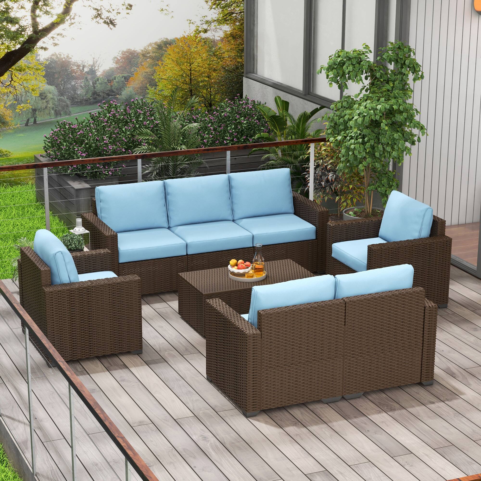 Alt View 1. Outsunny - 5 Piece Patio Furniture Set with Cushions, Outdoor PE Rattan Wicker Conversation Sofa Set with Storage Bin Coffee Table - Blue.