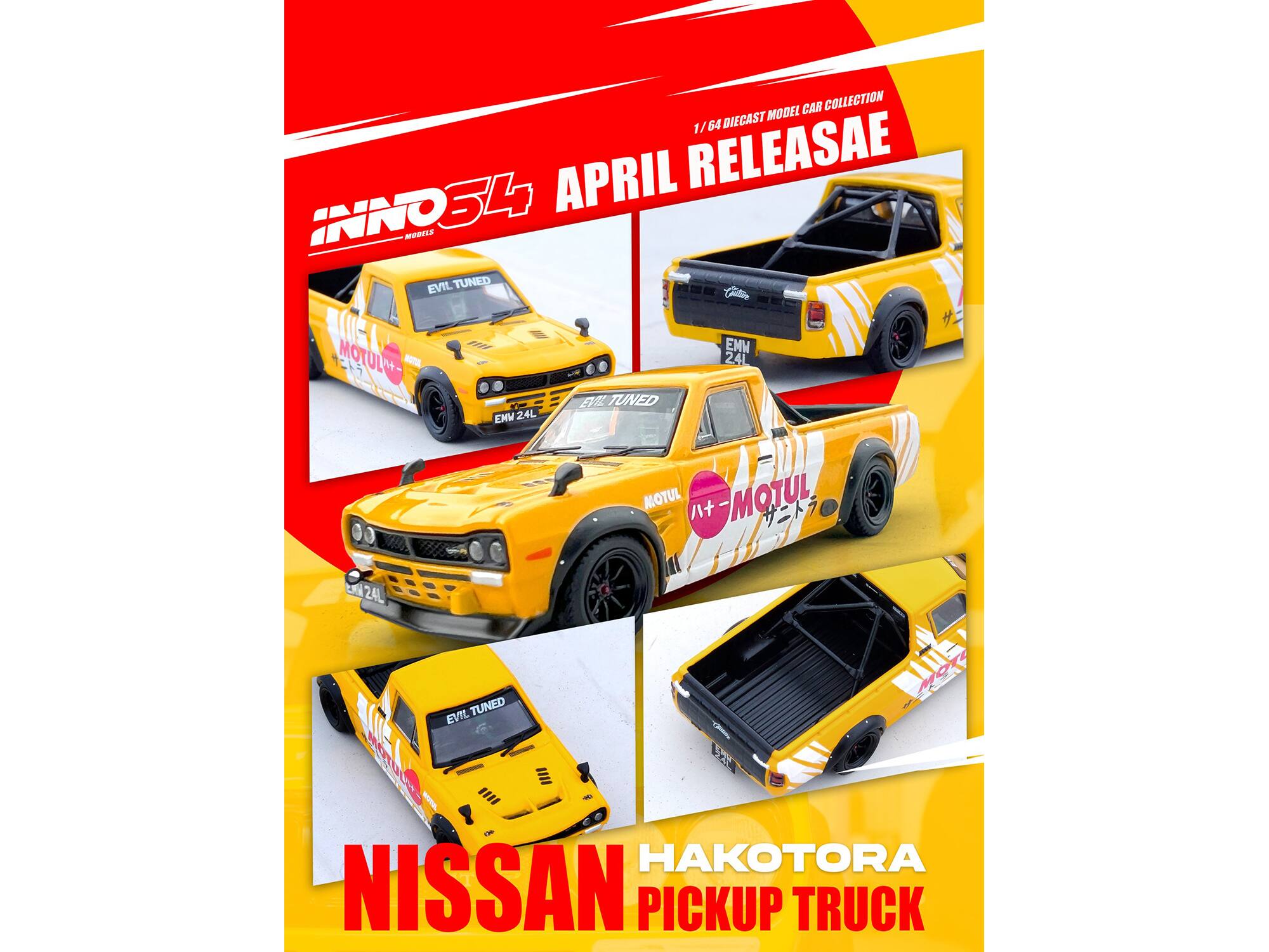 CAR COLLECTION DIECAST MODEL 1/64 APRIL RELEASE INNO34 MODEL S4 EVIL TUNED CIELA MOTUL NORAL EMM 24L EV TUNED EHW 24L MOTUL + i MOTUL 24L EVIL TUNED HAKOTORA NISSAN PICKUP TRUCK