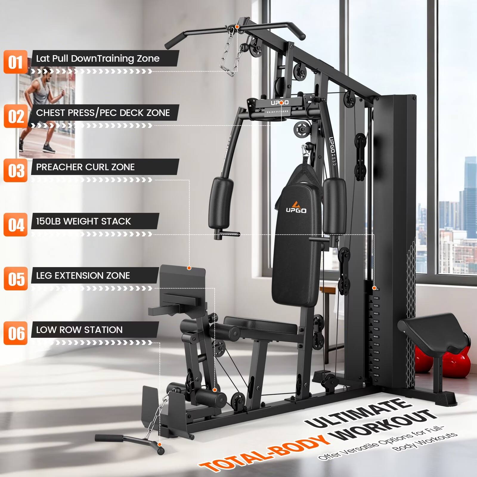 01 Lat Pull Down Training Zone  
02 CHEST PRESS/PEC DECK ZONE  
03 PREACHER CURL ZONE  
04 150LB WEIGHT STACK  
05 LEG EXTENSION ZONE  
06 LOW ROW STATION  

ULTIMATE WORKOUT  
Options for Workouts Full-TOTAL-BODY  
Offer Versatile Body