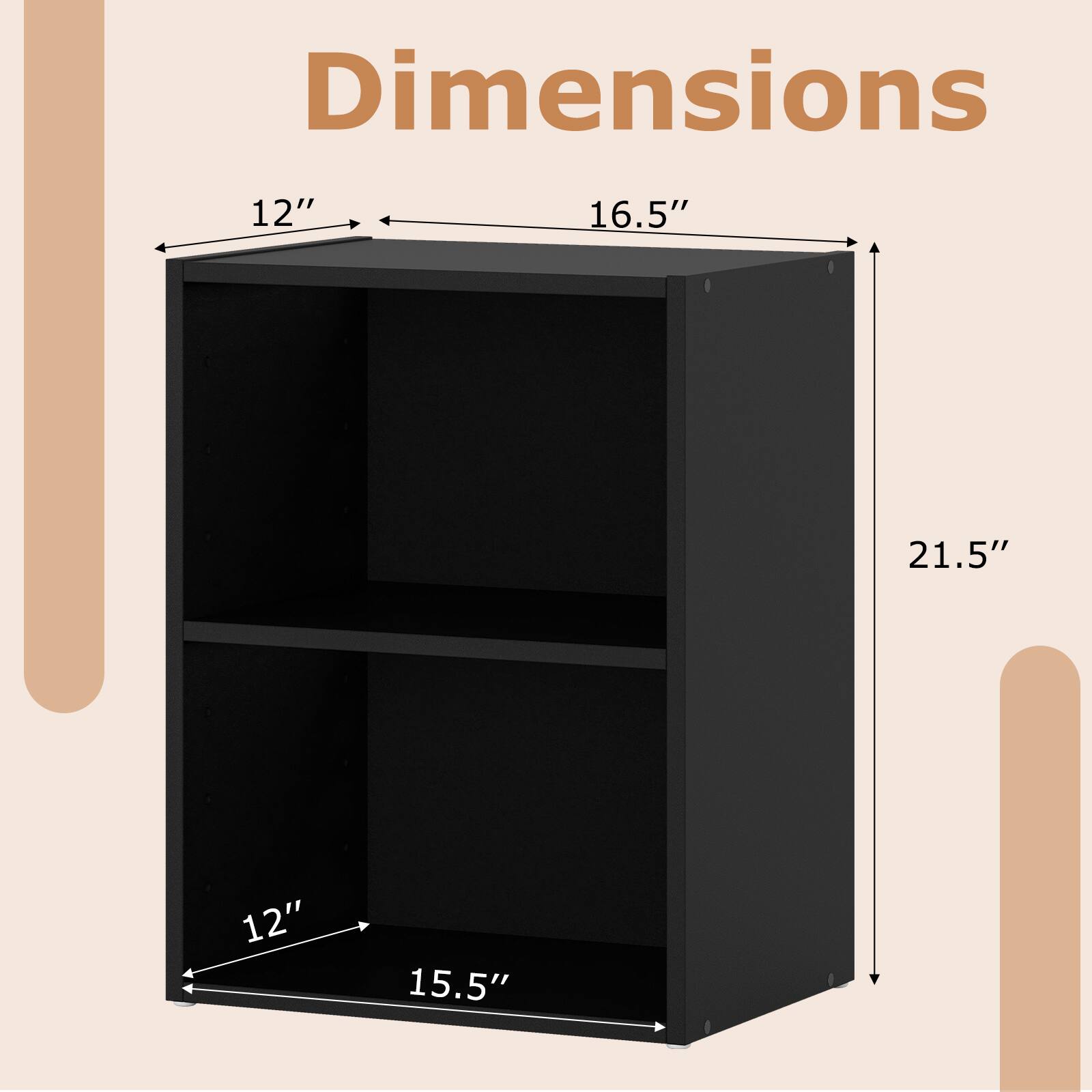 Dimensions:  
- Width: 12"  
- Depth: 16.5"  
- Height: 21.5"  
- Shelf Width: 12"  
- Shelf Depth: 15.5"