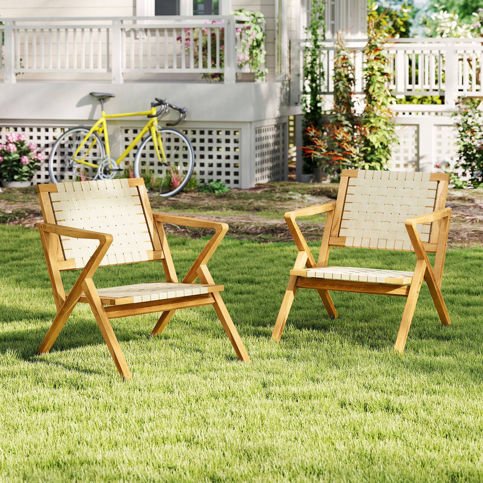 Alt View 7. Gymax - Gymax Teak Wood Patio Chair w/Webbing Seat & Backrest Mid-century Accent Chair - Yellow.