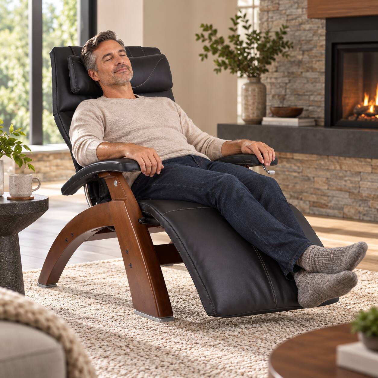 Alt View 6. Human Touch - Human Touch Perfect Chair PC-420 Classic Manual Plus Zero Gravity Chair Recliner with Solid Wood Base - Walnut / Black SofHyde / Comfort.