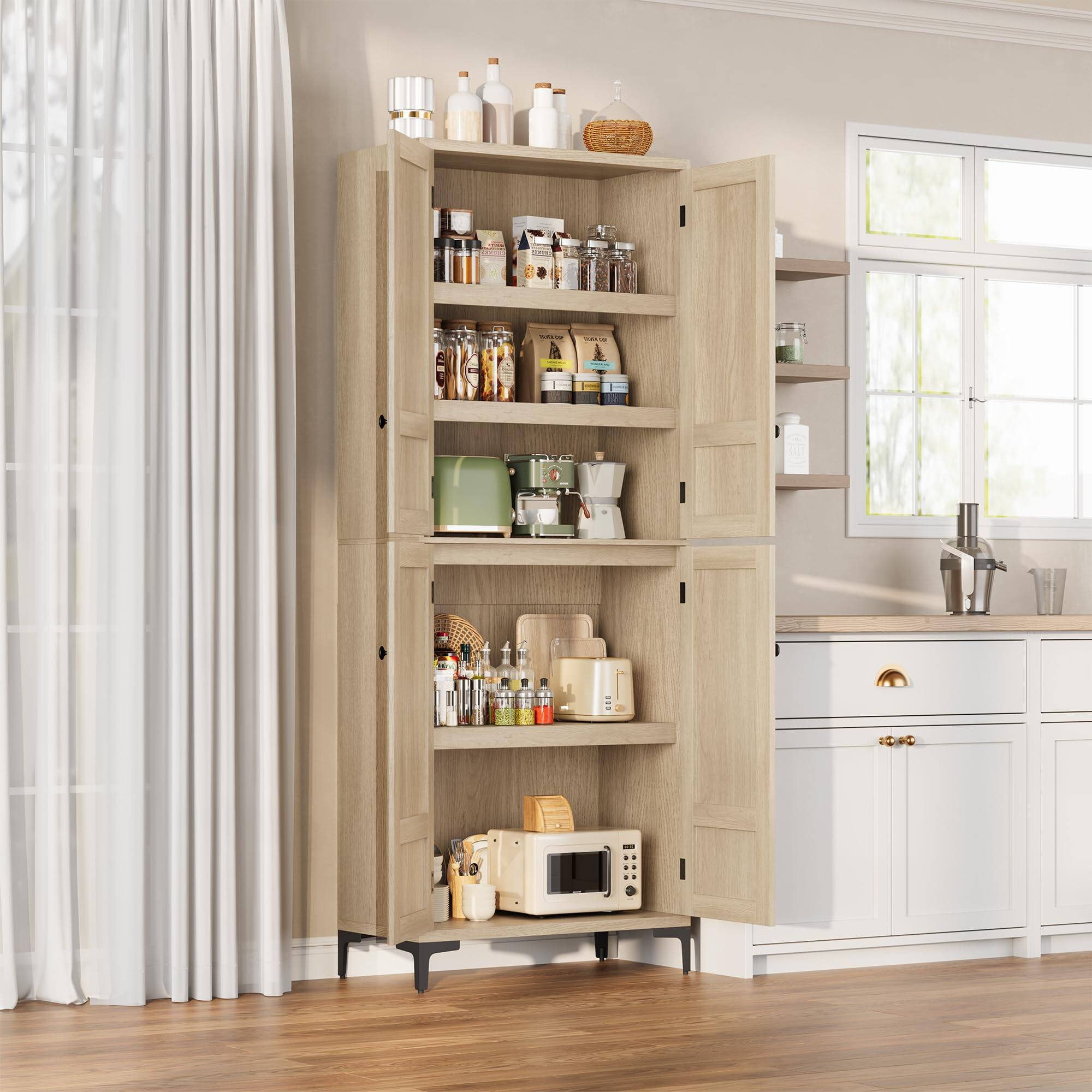 Back. Jojoka - 63" Tall Kitchen Pantry Cabinet with 4 Wood Doors & Adjustable Shelves, 5 Tier Freestanding Storage Cupboard - Pear Wood.