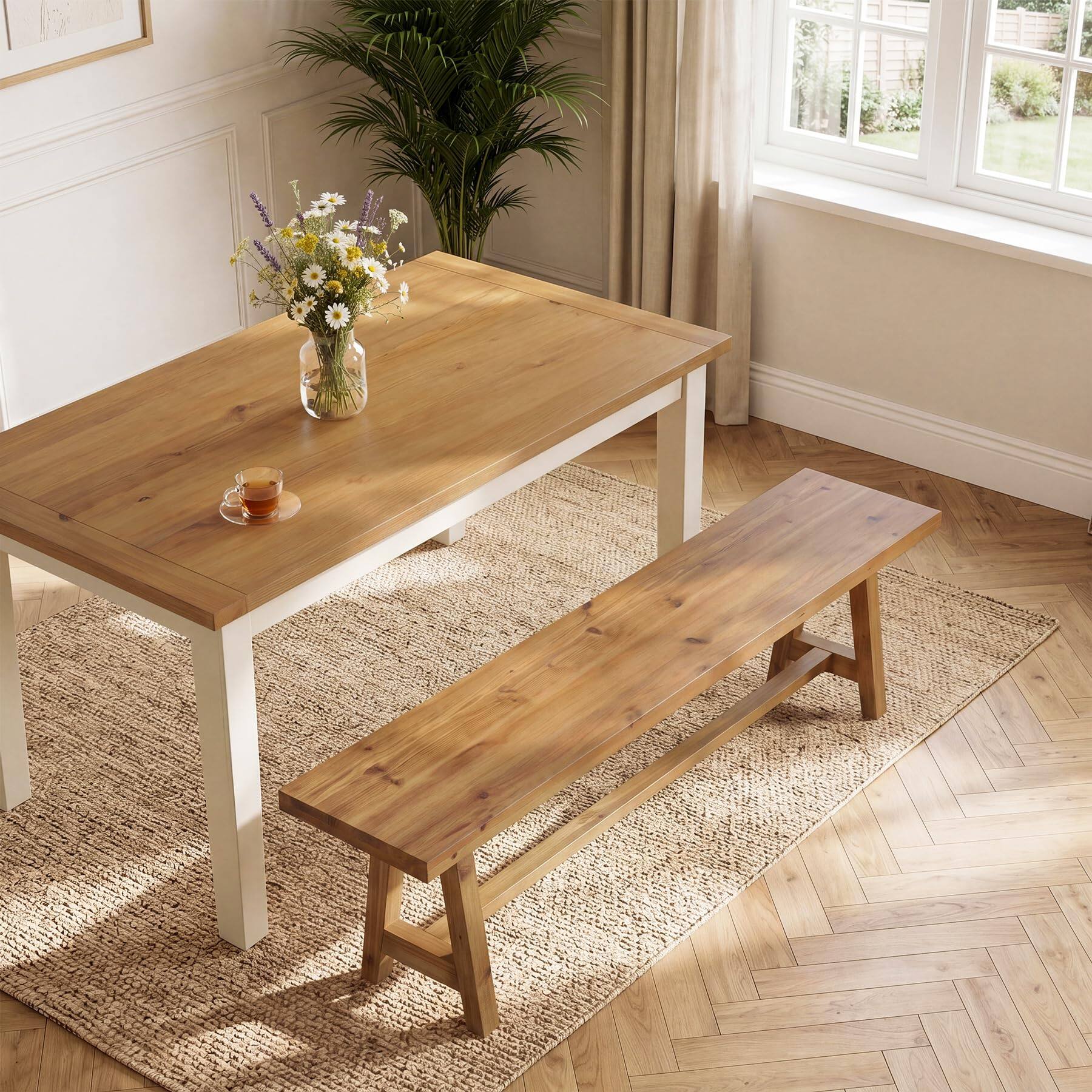 Left. Tribesigns - Solid Wood Dining Bench, 63 Inch Long Farmhouse Kitchen Bench for Dining Room, Kitchen, Easy to Assemble, Brown - Brown.