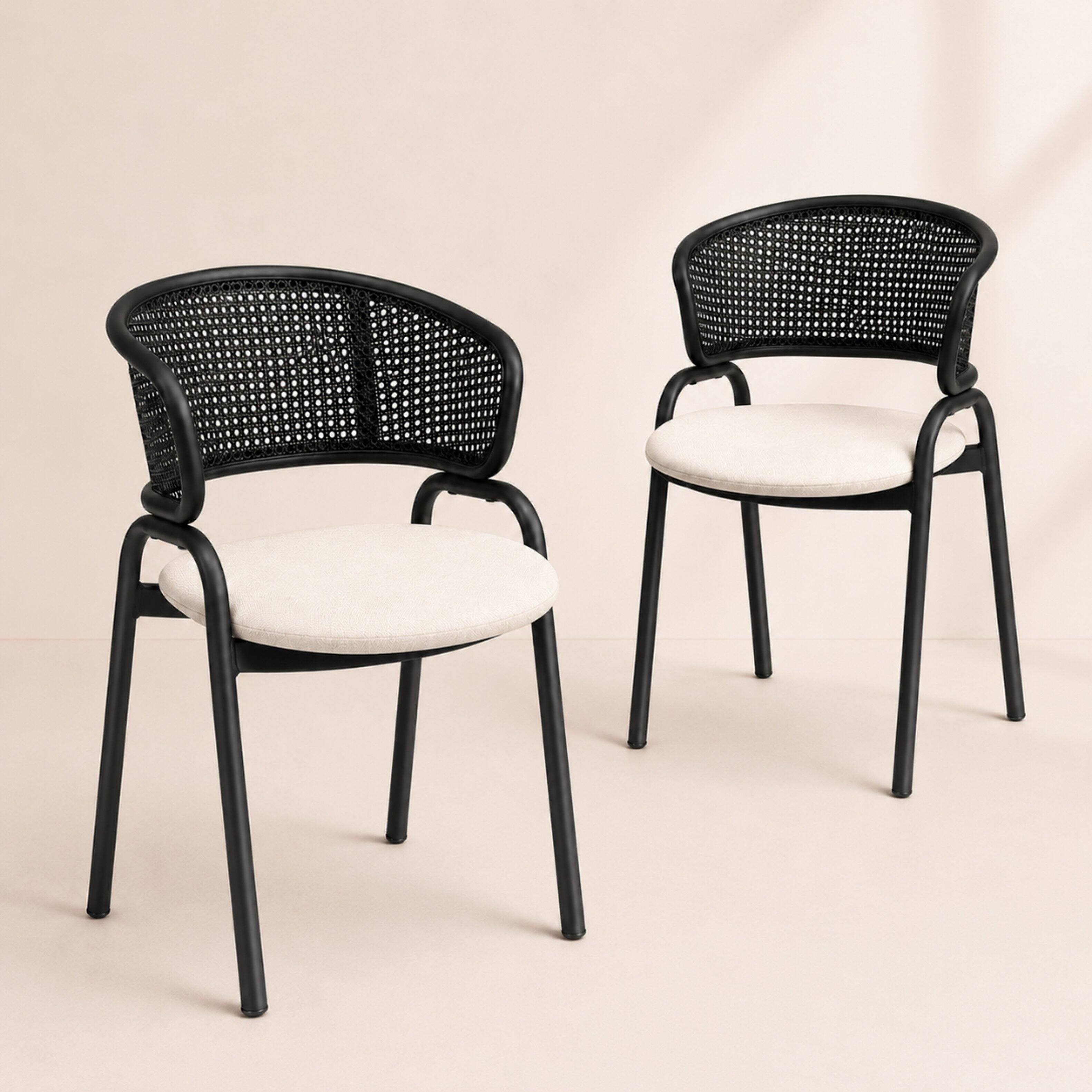 Angle. LeisureMod - Ervilla 2-PCS Rattan Accent Dining Armchair with Fabric Cushion Seat - Beige.