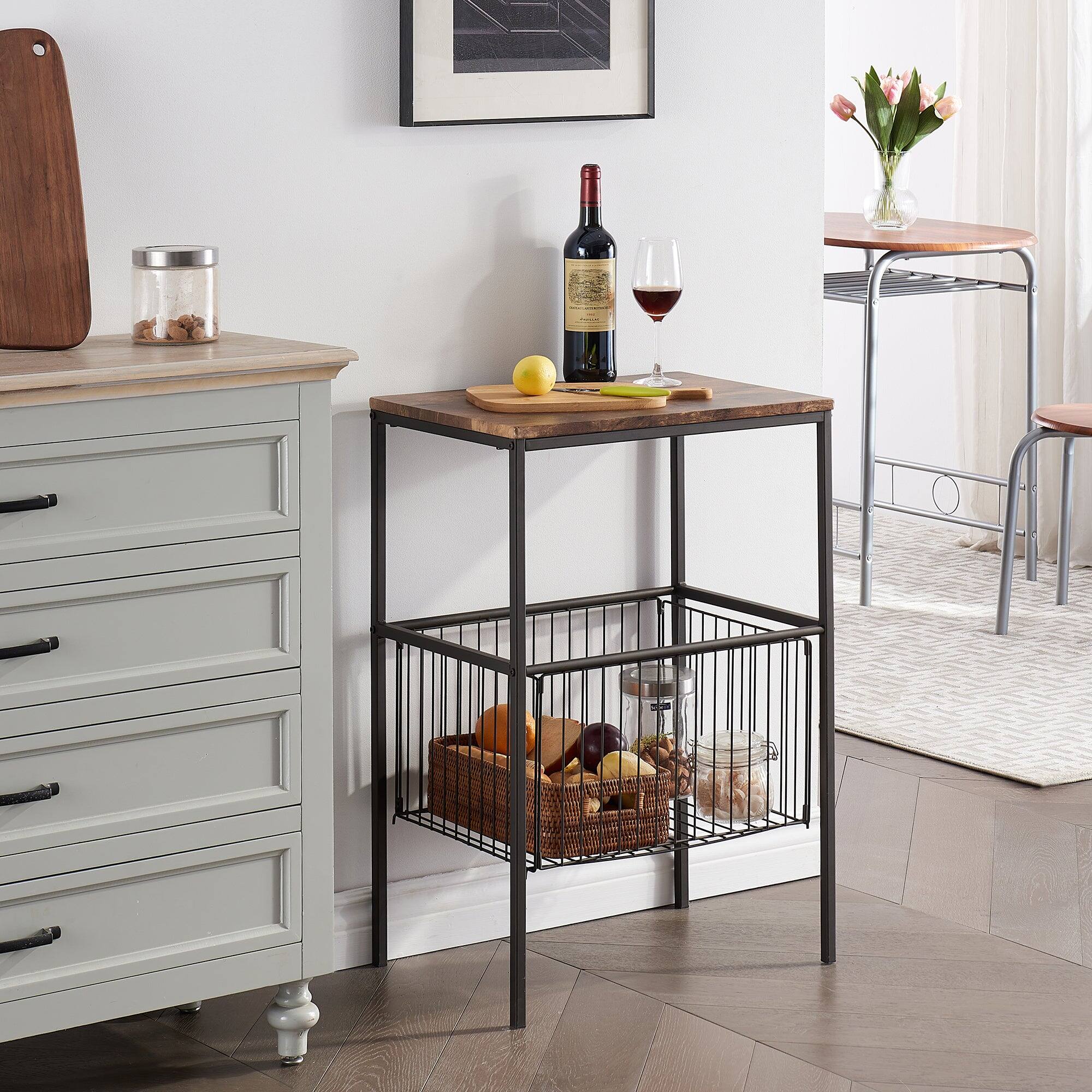 Front. Vecelo - Industrial Side Table with Storage Basket - 31 Inch Tall End Tables , Rustic Nightstand & Sofa Side Table - Brown.