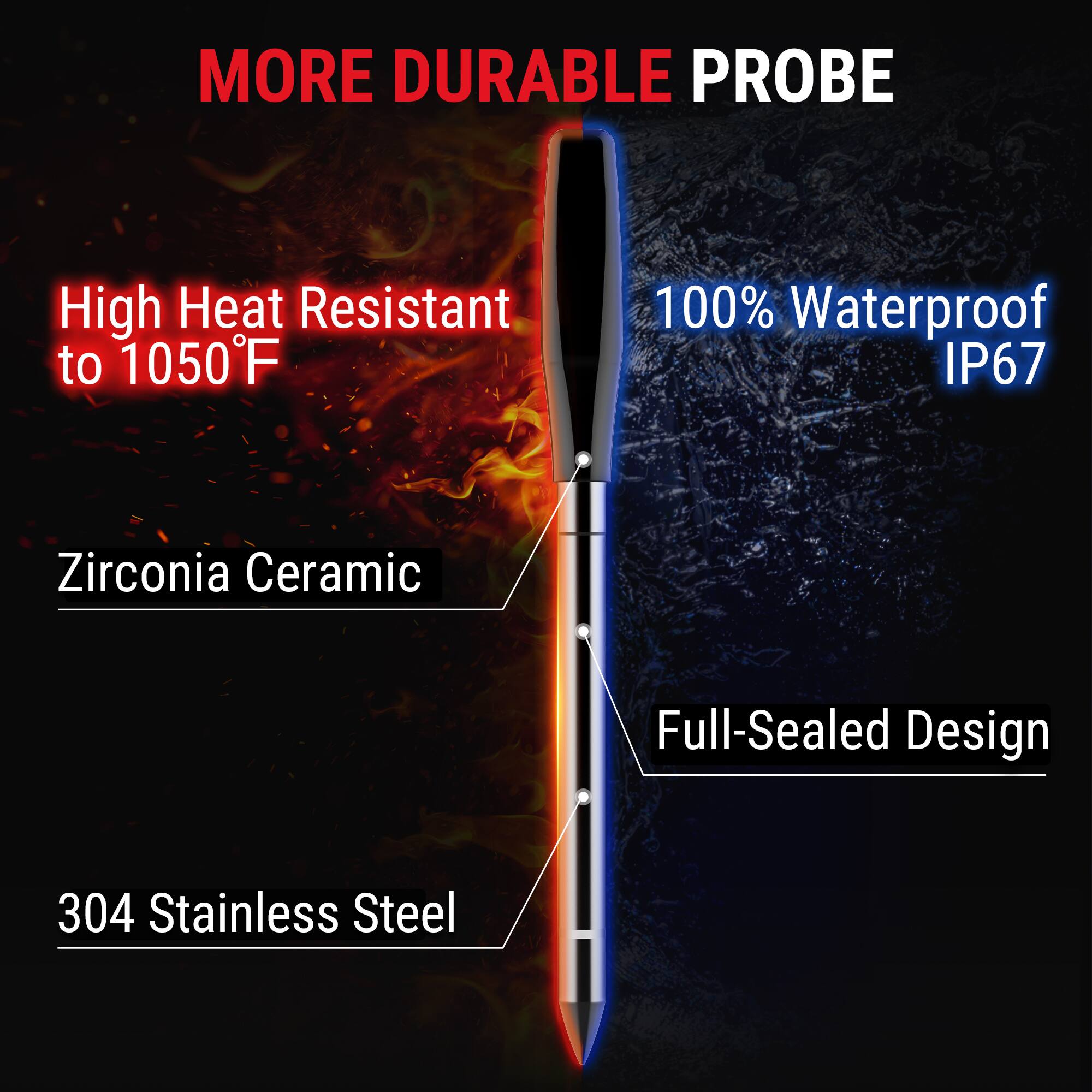 MORE DURABLE PROBE  
High Heat Resistant to 1050°F  
100% Waterproof IP67  
Zirconia Ceramic  
Full-Sealed Design  
304 Stainless Steel
