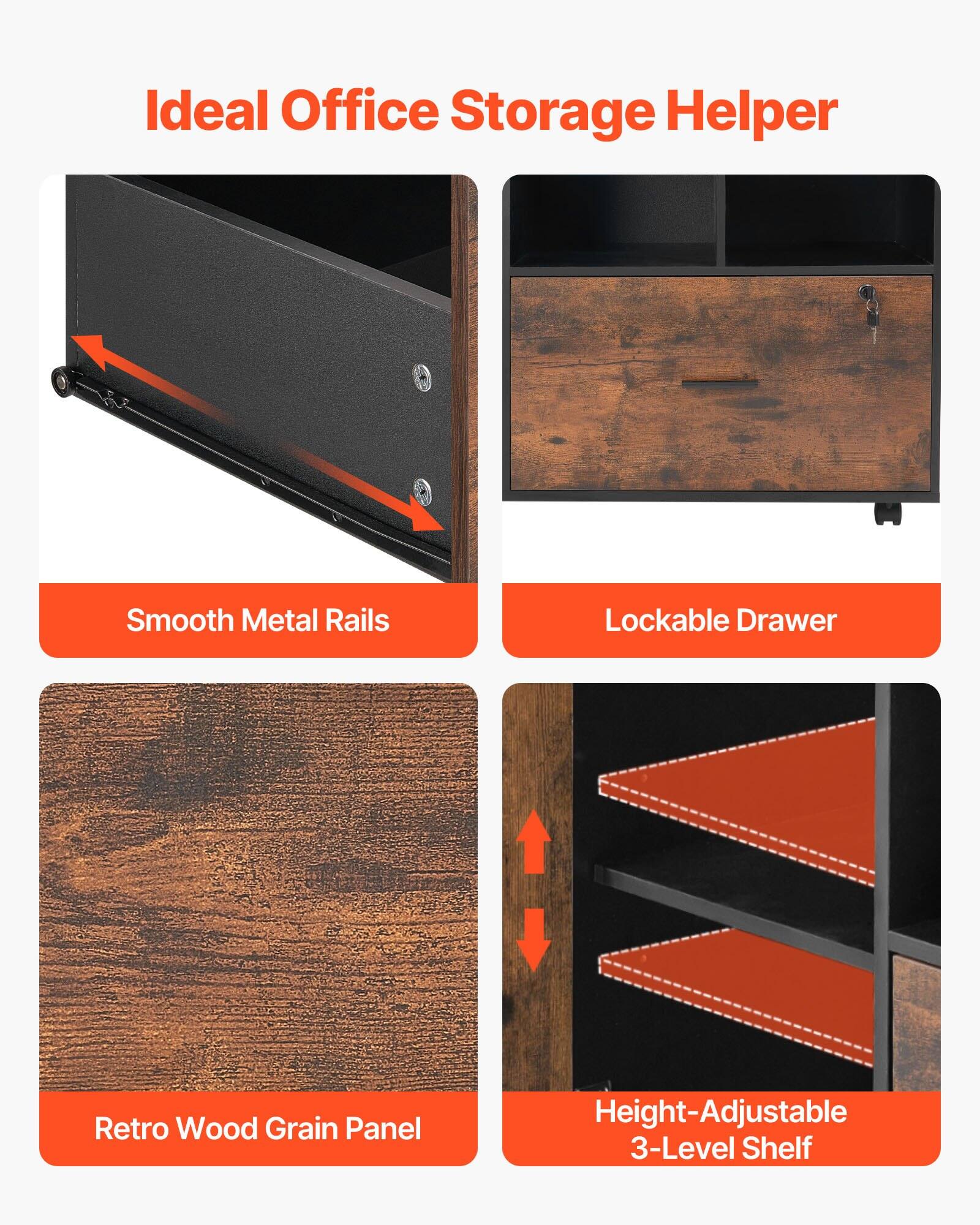 Ideal Office Storage Helper

- Smooth Metal Rails
- Lockable Drawer
- Retro Wood Grain Panel
- Height-Adjustable 3-Level Shelf