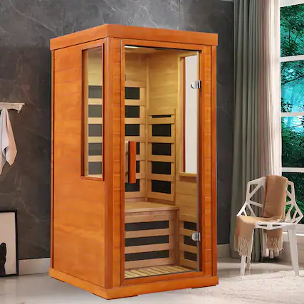 Front. Chateau Abodes - 1 Person Infrared Sauna Room, Wooden Home Spa with Red Light Therapy, 7 Low EMF Carbon Heaters & 110V - Natural.