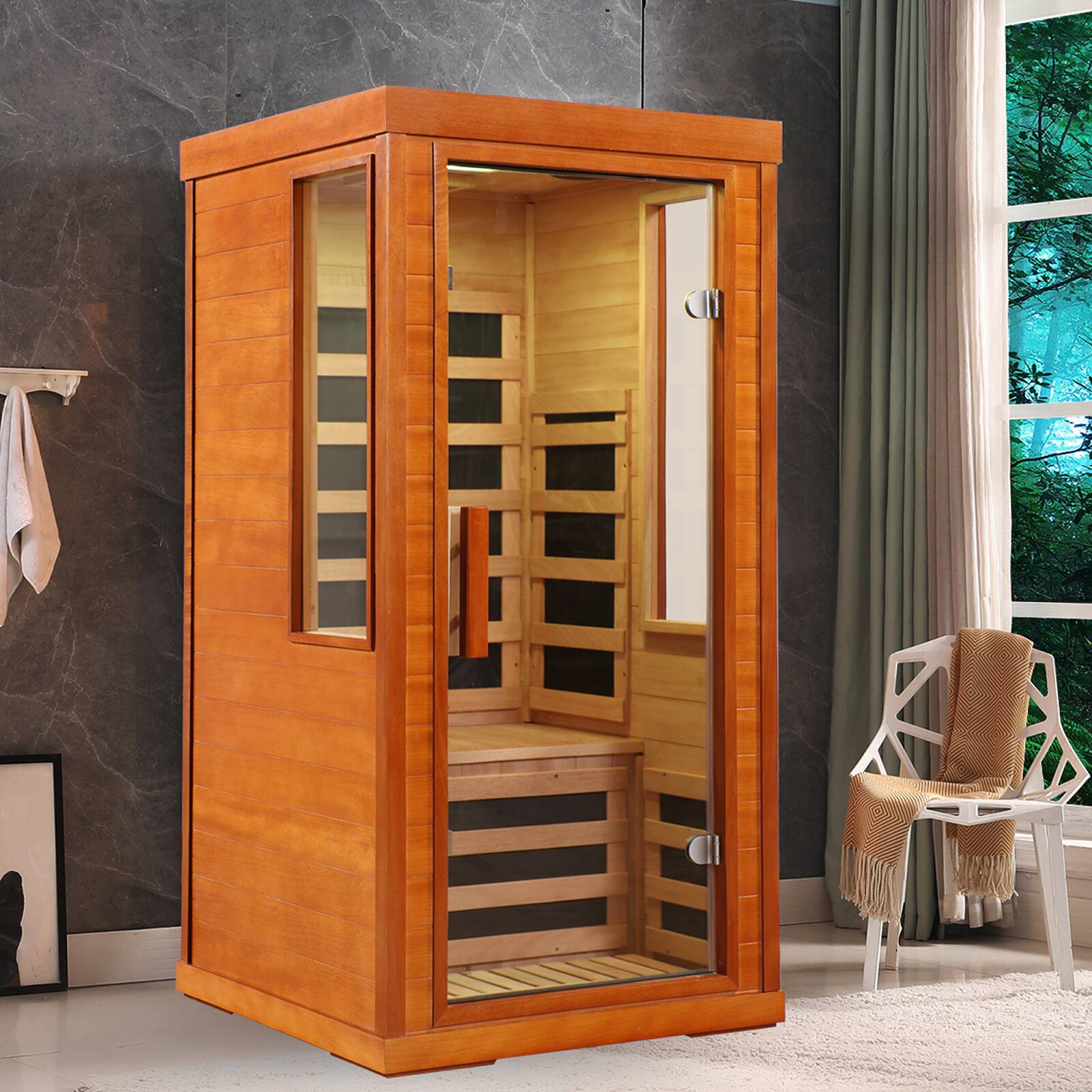 Front. Chateau Abodes - 1 Person Infrared Sauna Room, Wooden Home Spa with Red Light Therapy, 7 Low EMF Carbon Heaters & 110V - Natural.