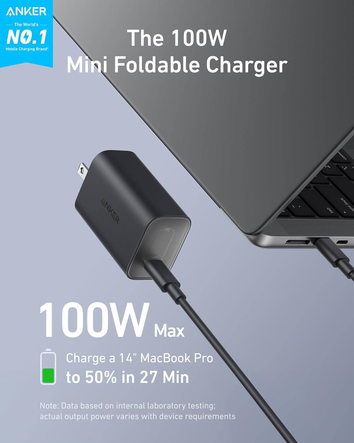ANKER  
The World's NO.1 Mobile Charging Brand

The 100W Mini Foldable Charger

100W Max

Charge a 14" MacBook Pro to 50% in 27 Min

Note: Data based on internal laboratory testing; actual output power varies with device requirements