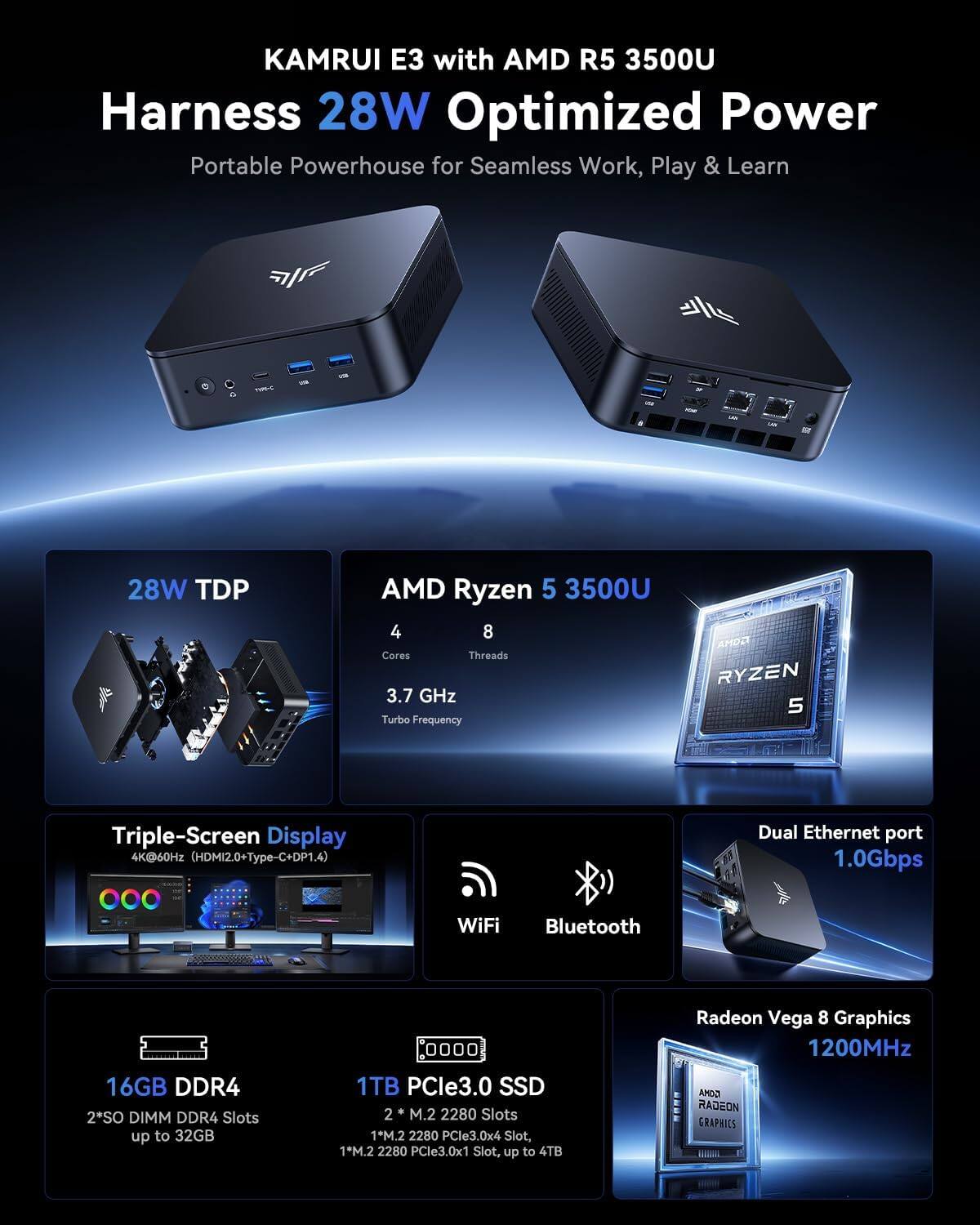 KAMRUI E3 with AMD R5 3500U Harness 28W Optimized Power Portable Powerhouse for Seamless Work, Play & Learn

- 28W TDP
- AMD Ryzen 5 3500U
  - 4 Cores
  - 8 Threads
  - 3.7 GHz Turbo Frequency
- Triple-Screen Display
  - 4K@60Hz (HDMI2.0+Type-C+DP1.4)
- Dual Ethernet port
  - 1.0Gbps
- WiFi
- Bluetooth
- 16GB DDR4
  - 2SO DIMM DDR4 Slots
  - up to 32GB
- 1TB PCIe3.0 SSD
  - 2 M.2 2280 Slots
  - 1M.2 2280 PCIe3.0x4 Slot
  - 1M.2 2280 PCIe3.0x1 Slot
  - up to 4TB
- Radeon Vega 8 Graphics
  - 1200MHz