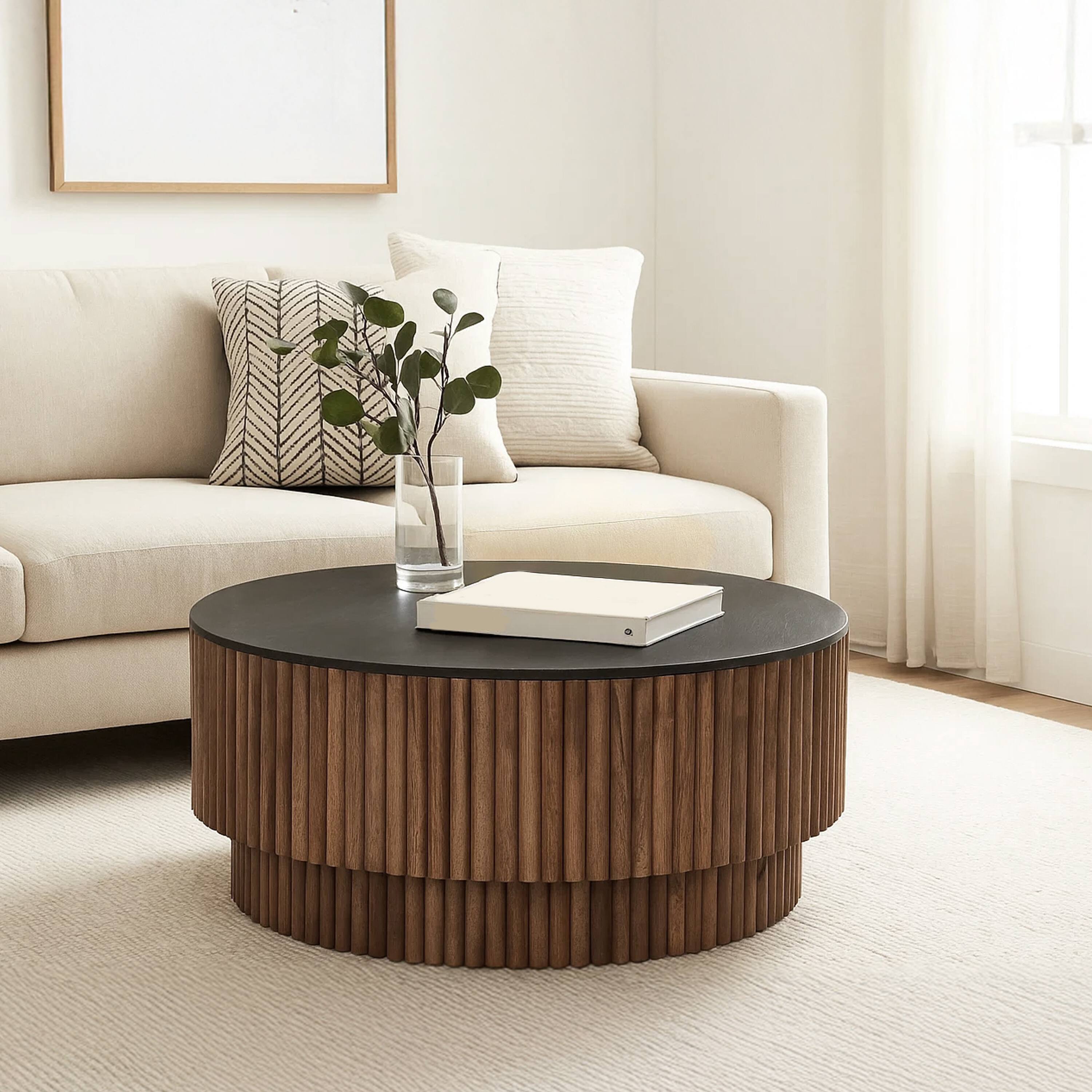 Alt View 8. Manhattan Lane - Montoya Coffee Table | 34" Round Black Top | Mango Wood Fluted Plinth Base - Black, Brown.