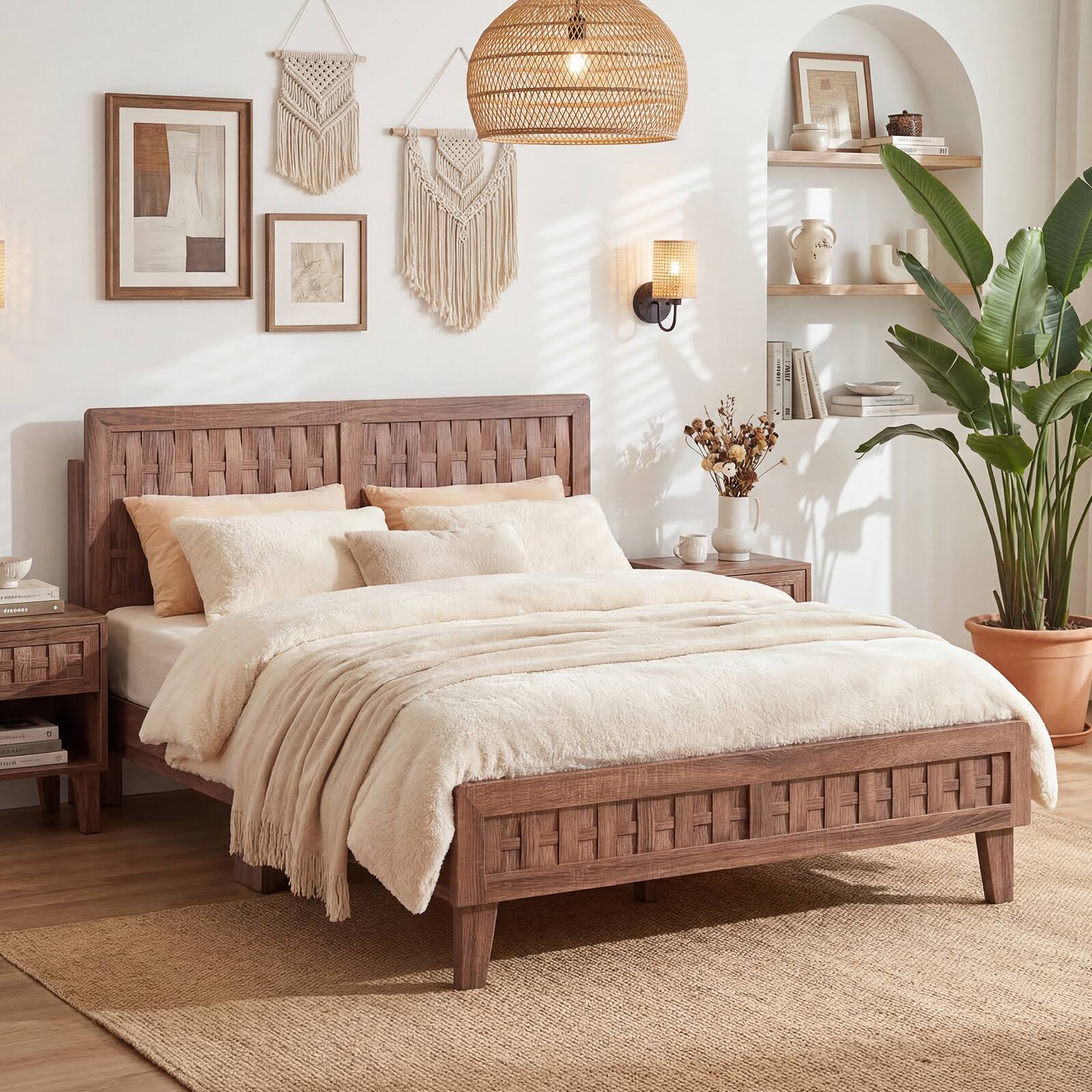 Alt View 1. Costway - Costway Full Size Bed Frame with Woven Accent Headboard & Footboard, Wooden Slat Support - Walnut.