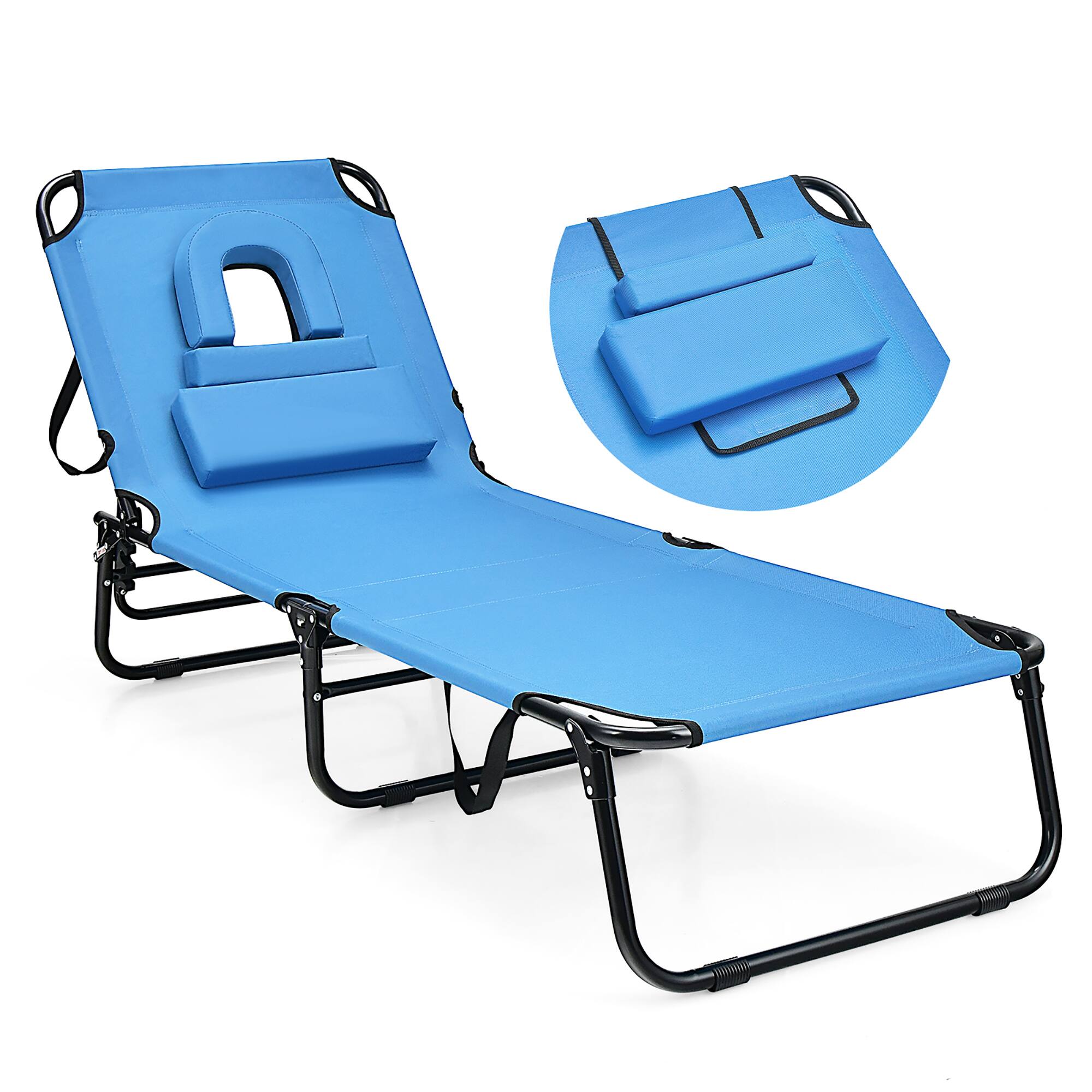 Front. Gymax - Gymax 5-Position Lounge Chair Adjustable Beach Chaise w/ Face Cavity & Pillows Blue - Blue,Black.