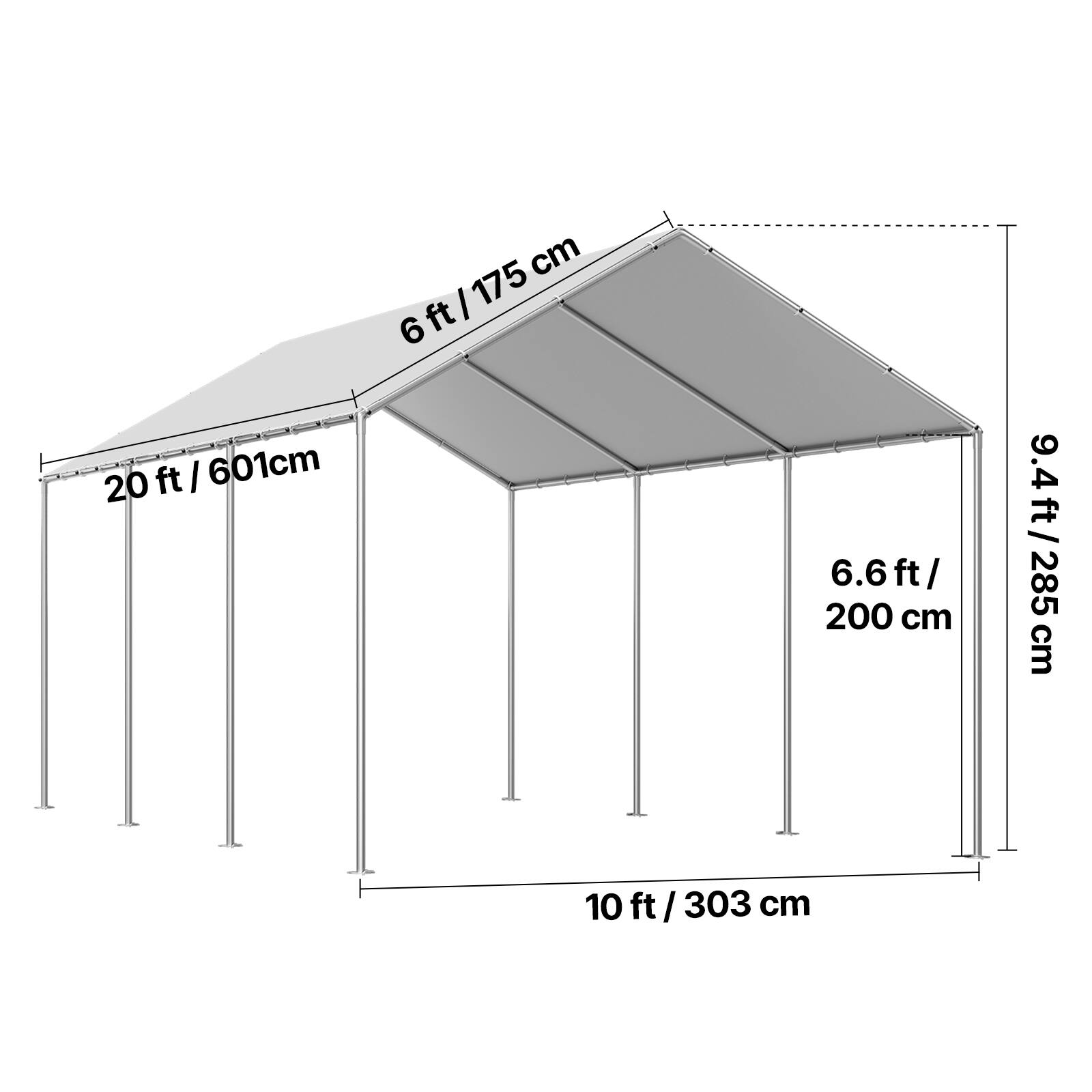 20 ft / 601 cm  
6 ft / 175 cm  
6.6 ft / 200 cm  
9.4 ft / 285 cm  
10 ft / 303 cm