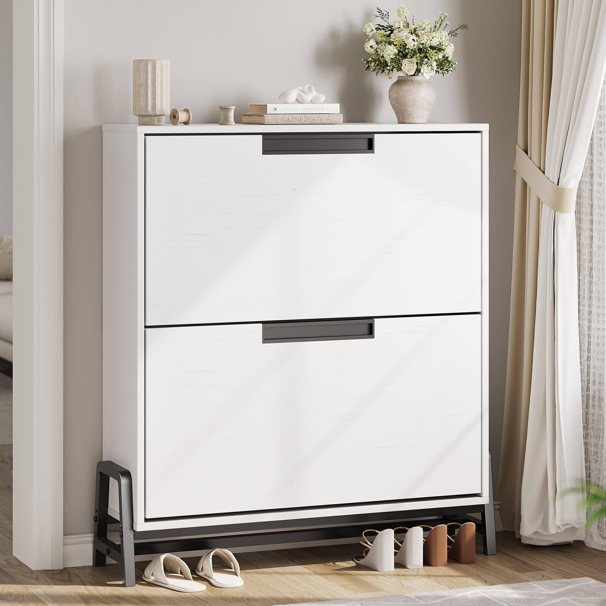 Alt View 6. Jojoka - Shoe Storage Cabinet with 2 Flip Drawers, Narrow Freestanding Shoe Organizer with Adjustable Shelves & Metal Legs - White.