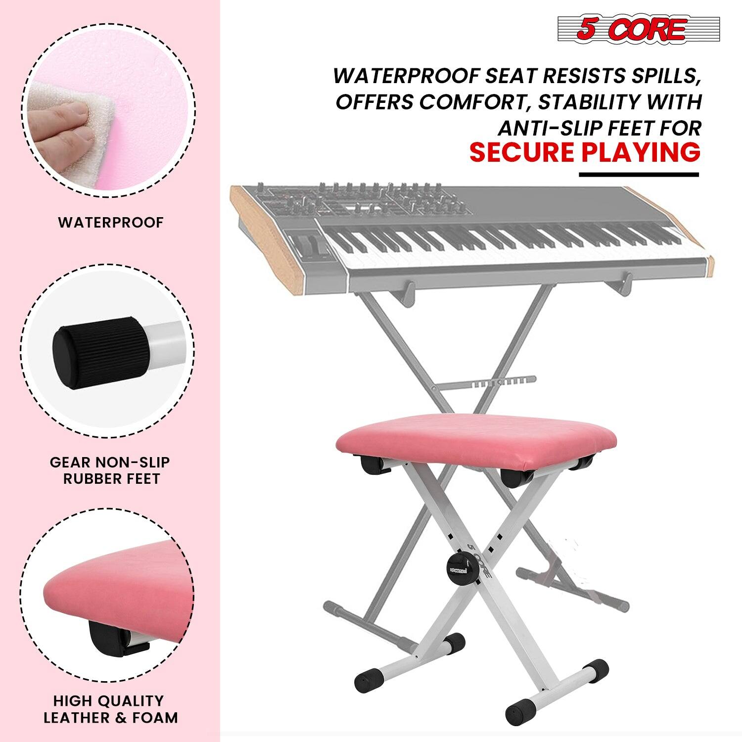 5 CORE, WATERPROOF SEAT RESISTS SPILLS, OFFERS COMFORT, STABILITY WITH ANTI-SLIP FEET FOR SECURE PLAYING, WATERPROOF, GEAR NON-SLIP RUBBER FEET, HIGH QUALITY LEATHER & FOAM