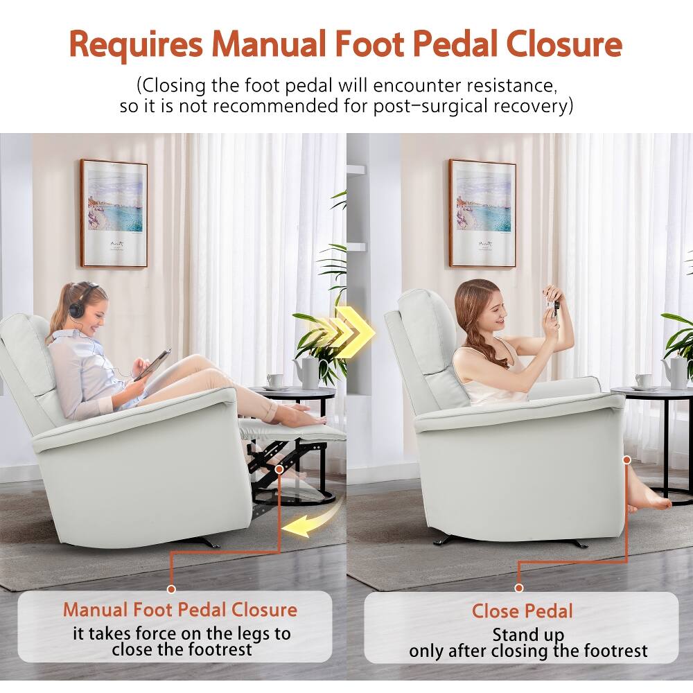Requires Manual Foot Pedal Closure  
(Closing the foot pedal will encounter resistance, so it is not recommended for post-surgical recovery)  

Manual Foot Pedal Closure  
it takes force on the legs to close the footrest  

Close Pedal  
Stand up only after closing the footrest