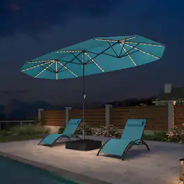 PURPLE LEAF - 13 ft. Patio Market Umbrella with Solar LED and Base Double-Sided Outdoor Table Sun Umbrellas for Pool Deck Backyard - Turquoise Blue