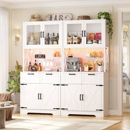 Aheaplus - 71'' Tall Pantry Cabinet with Power Outlets & LED Light, Storage Cabinet with 2 Drawers & DIY Pegboard, 2 Piece Set - White