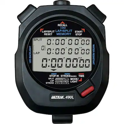 RECALL 100
LAP/SPLIT LAP/SPLIT START RESET MEMORY STOP SPLIT 00000000
BACKLIGHT 0:000000
WATER RESISTANT
STOP-W. STROKE BASE3 TIME SPLIT MODE/ LAP LIGHT STROKE
ULTRAK 490L