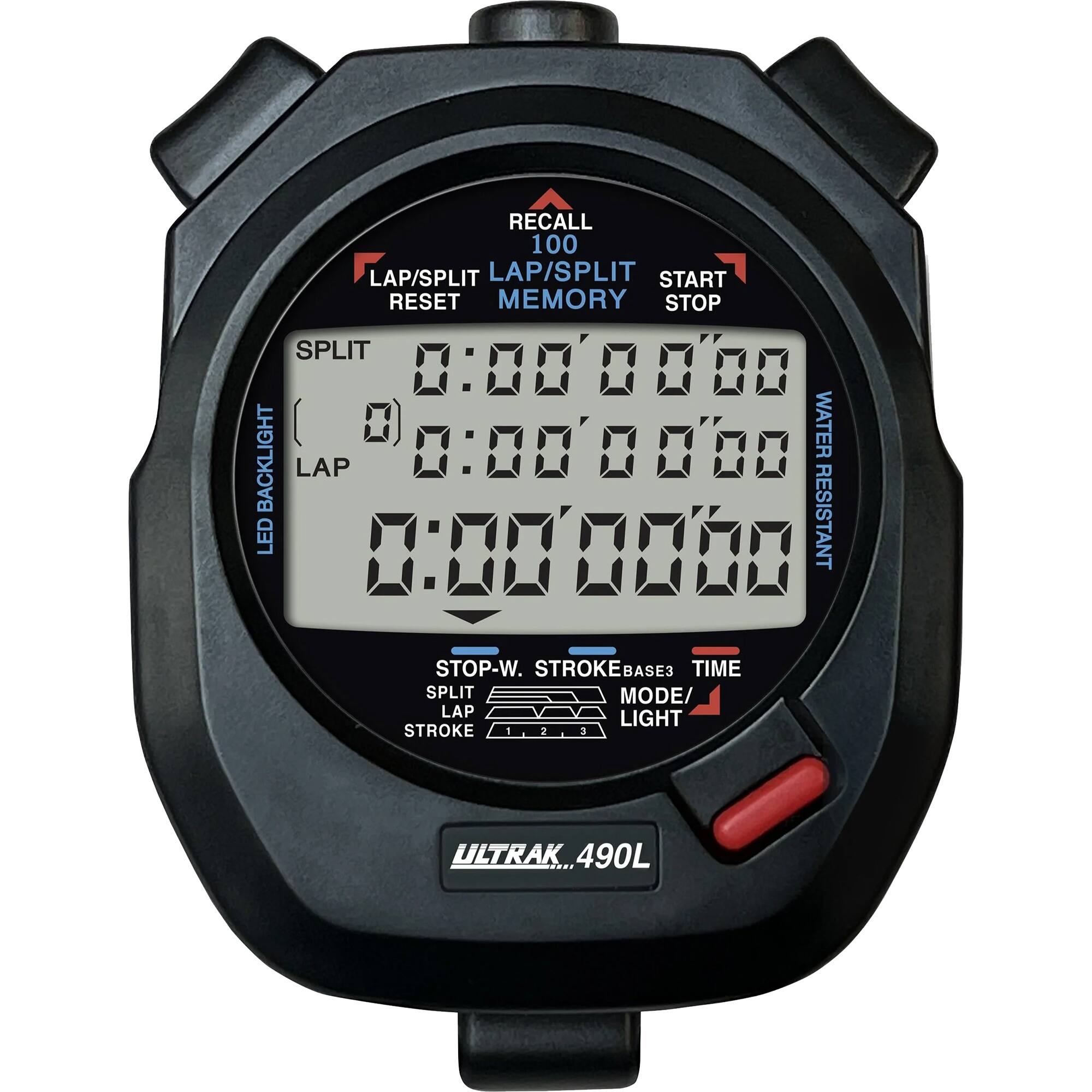 RECALL 100  
LAP/SPLIT LAP/SPLIT START RESET MEMORY STOP SPLIT 00000000  
BACKLIGHT 0:000000  
WATER RESISTANT  
STOP-W. STROKE BASE3 TIME SPLIT MODE/ LAP LIGHT STROKE  
ULTRAK 490L