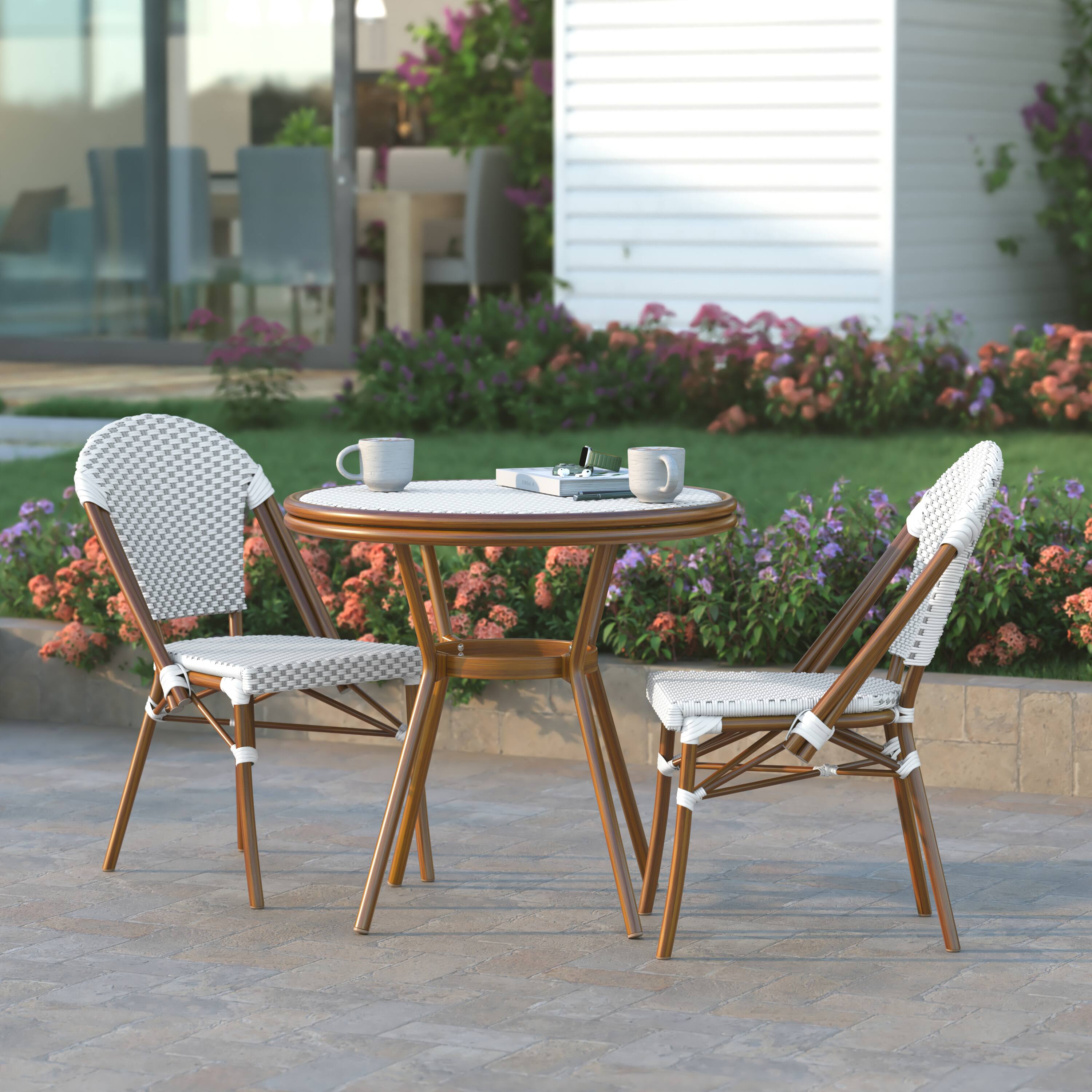 Alt View 3. Emma + Oliver - Colmar Indoor/Outdoor Bistro Style 31.5 in. Table with PE Rattan, Glass Top, and Two Chairs - Metal  Frame - White & Gray Rattan/Natural Frame.